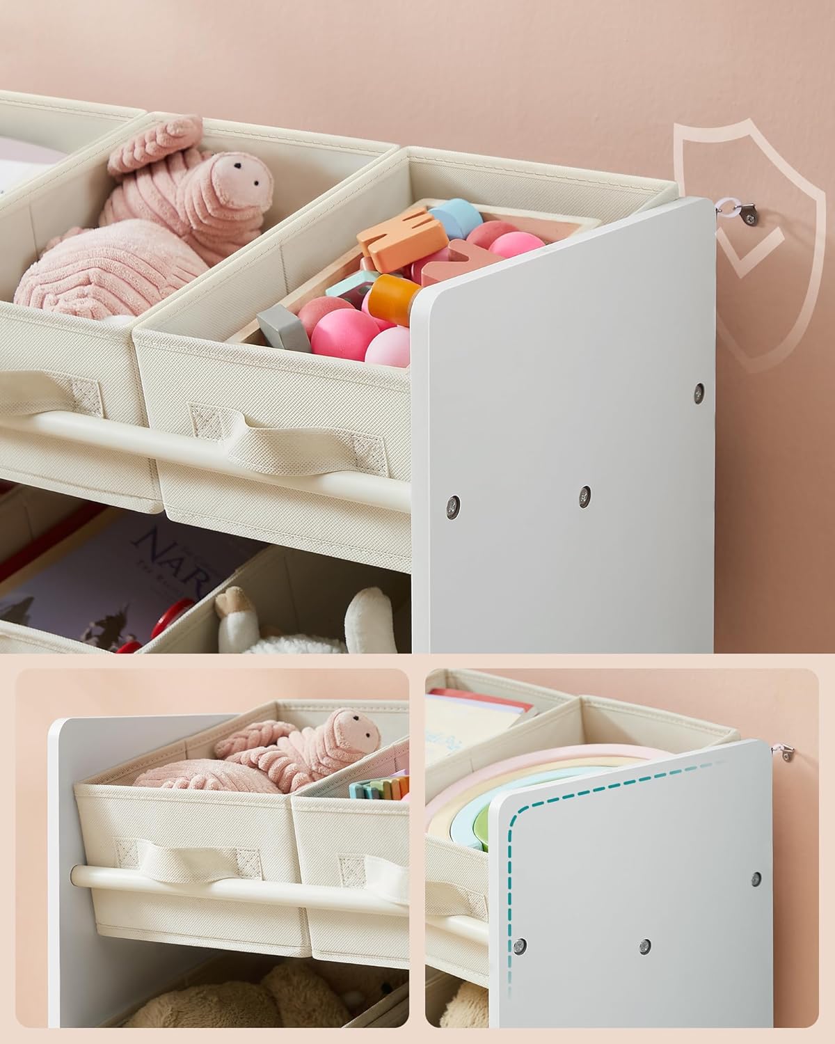 SONGMICS Raft jucarii si carti 63x30x60 cm, cu 9 cutii textile detasabile, MDF, alb