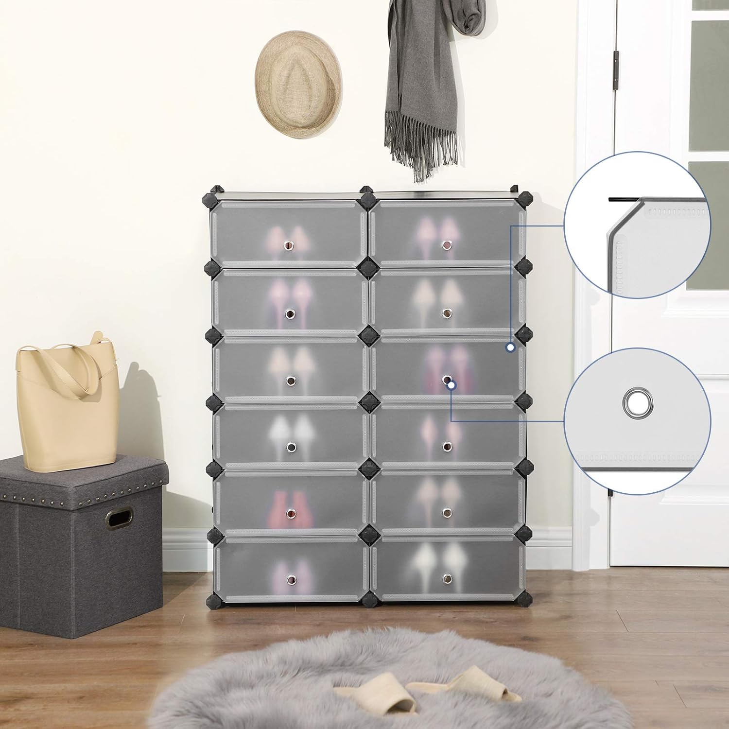 SONGMICS Etajera pantofi 83x31x105 cm, 12 compartimente modulare cu usi rabatabile, negru si alb