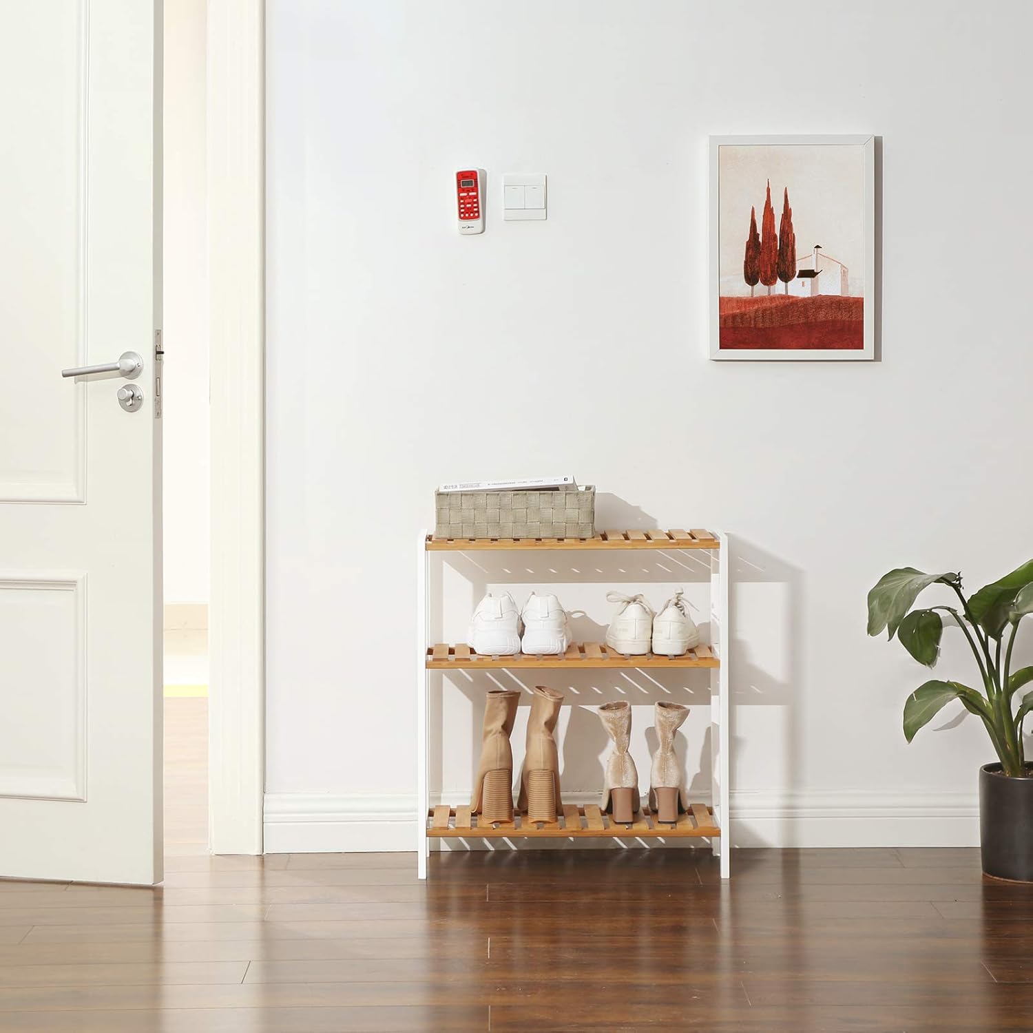SONGMICS Etajera bambus 60x26x66 cm, cu 3 rafturi, kit anti-rasturnare, alb si natur
