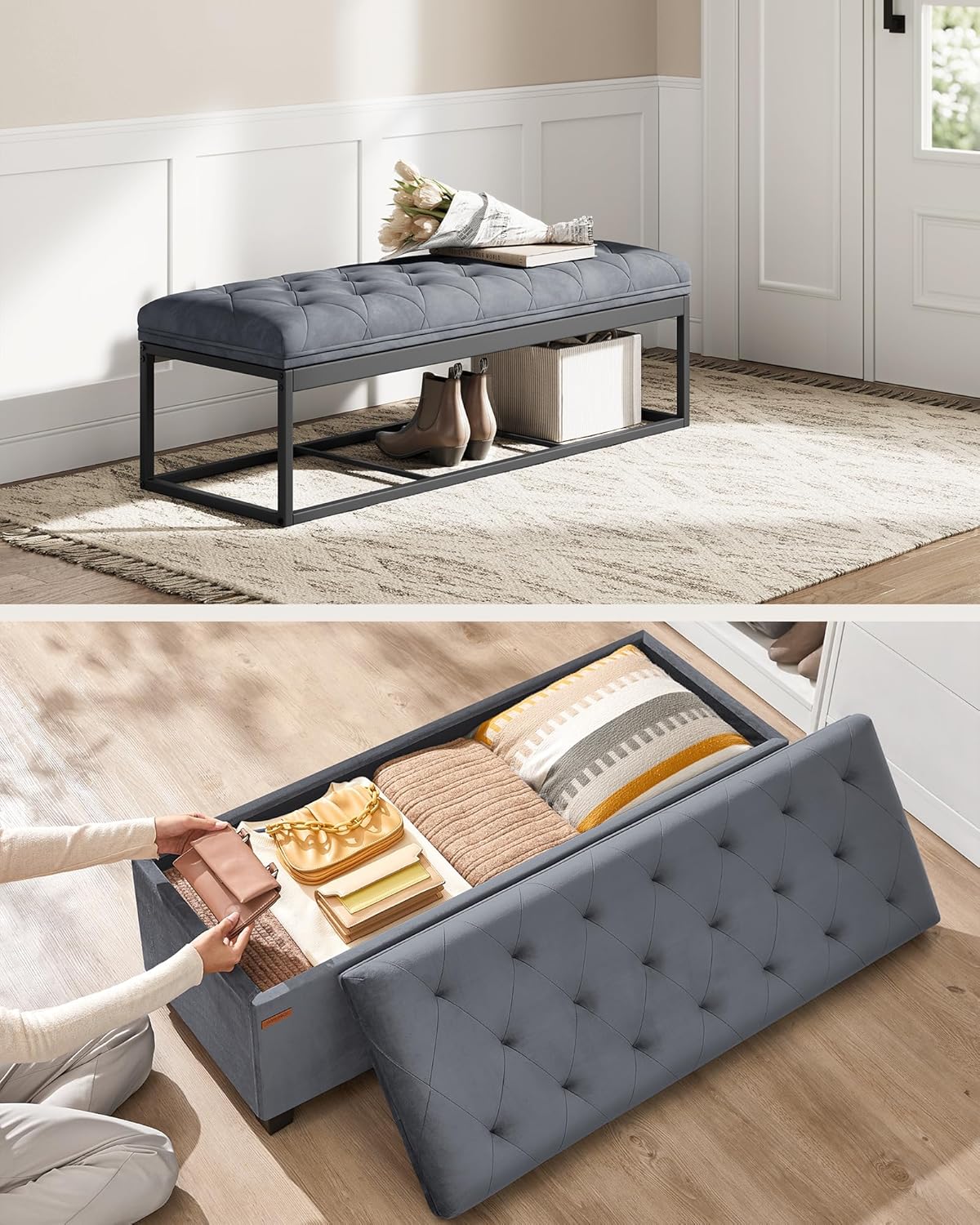 SONGMICS Banca cu spatiu de depozitare 110x40x40 cm, 103 litri, tapitata cu catifea, MDF si spuma, gri