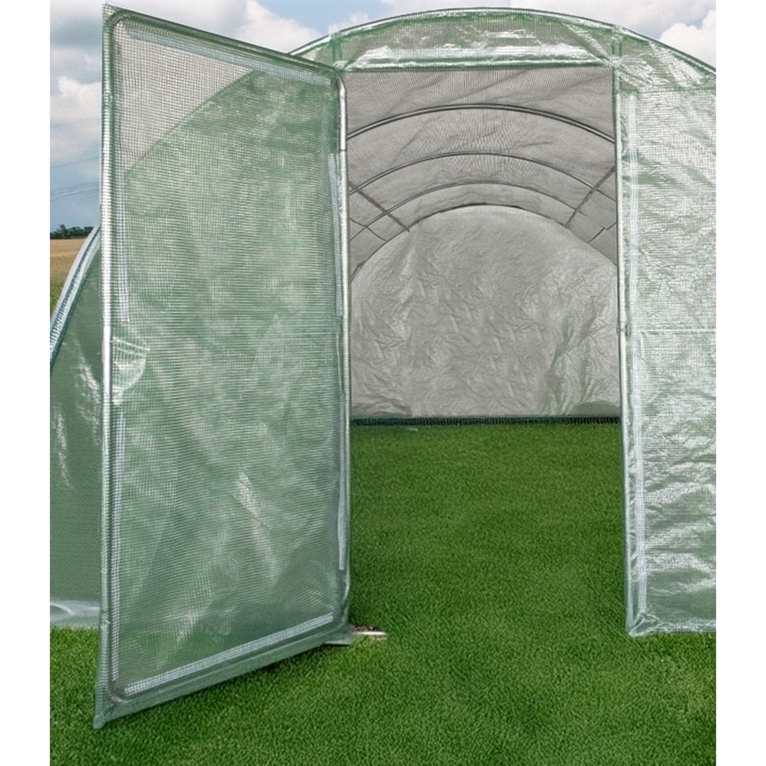 Sera de gradina, tip tunel cu cadru metalic, 300x600 cm, verde, 18 mp, usa cu cadru metalic