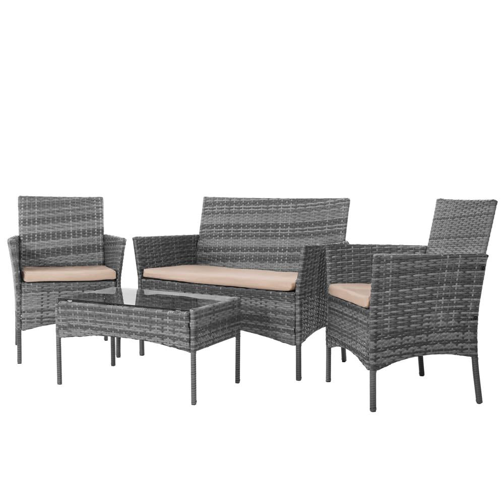 Set mobilier terasa, din tehnorattan, masa cu blat sticla securizata, 2 fotolii si 1 canapea cu perne, gri