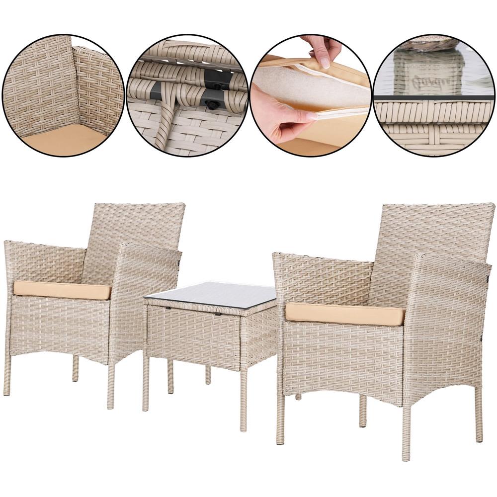 Set mobilier terasa, din tehnorattan, masa cu blat sticla securizata, 2 fotolii cu perne, bej