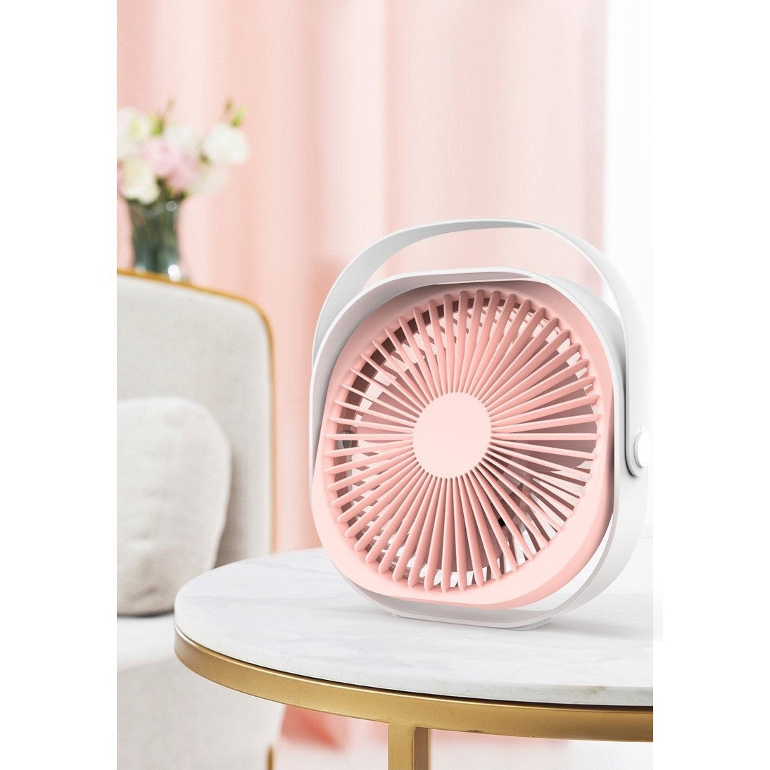 Mini ventilator pentru birou cu usb, rotire 360 grade, 3 viteze, 4000 mA, 13.5 x 12,8, Roz