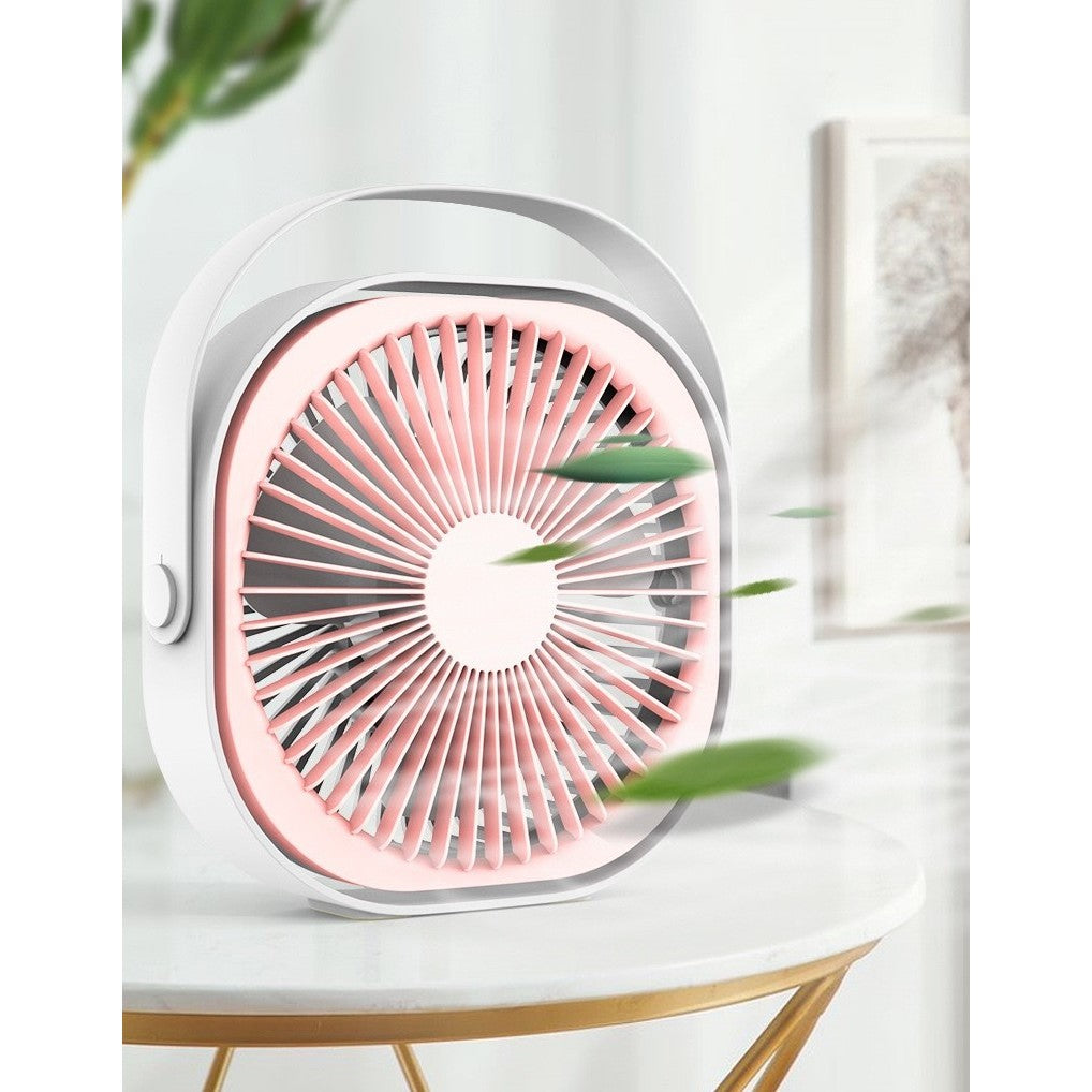 Mini ventilator pentru birou cu usb, rotire 360 grade, 3 viteze, 4000 mA, 13.5 x 12,8, Roz