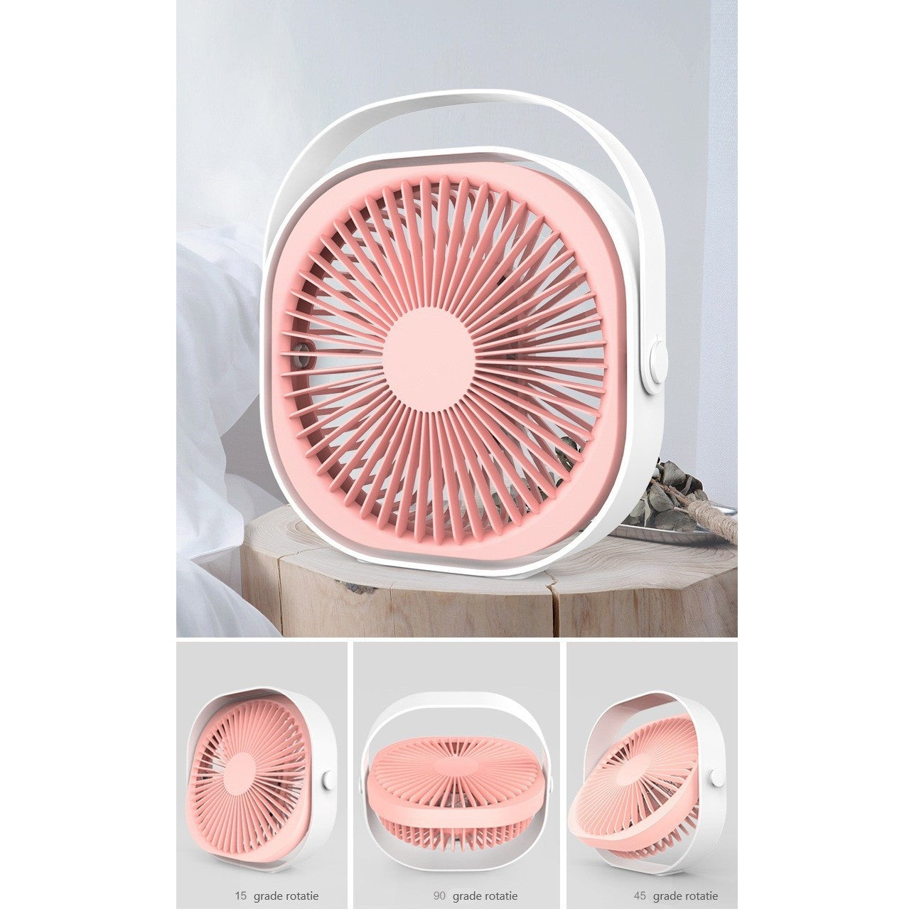 Mini ventilator pentru birou cu usb, rotire 360 grade, 3 viteze, 4000 mA, 13.5 x 12,8, Roz