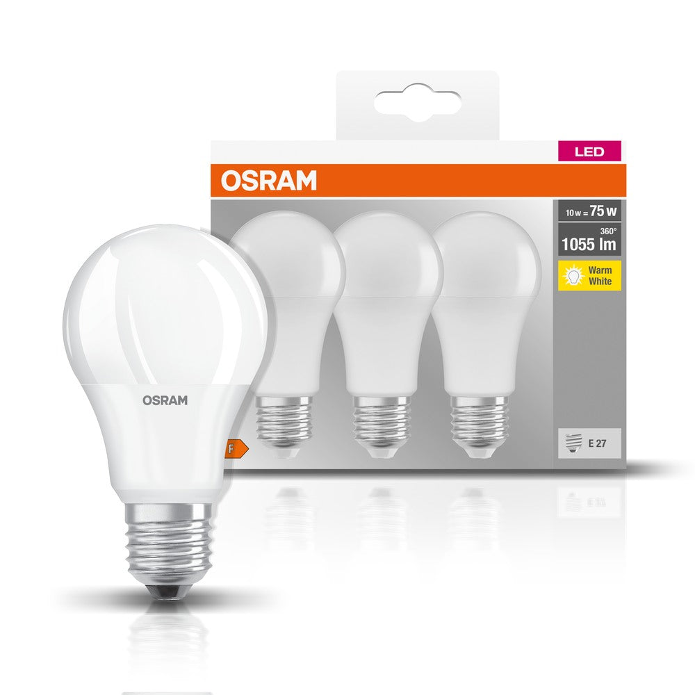 Set 3 BEC LED Osram, soclu E27, putere 10 W, forma clasic, lumina alb calda, alimentare 220 - 240 V, "000004058075819436"