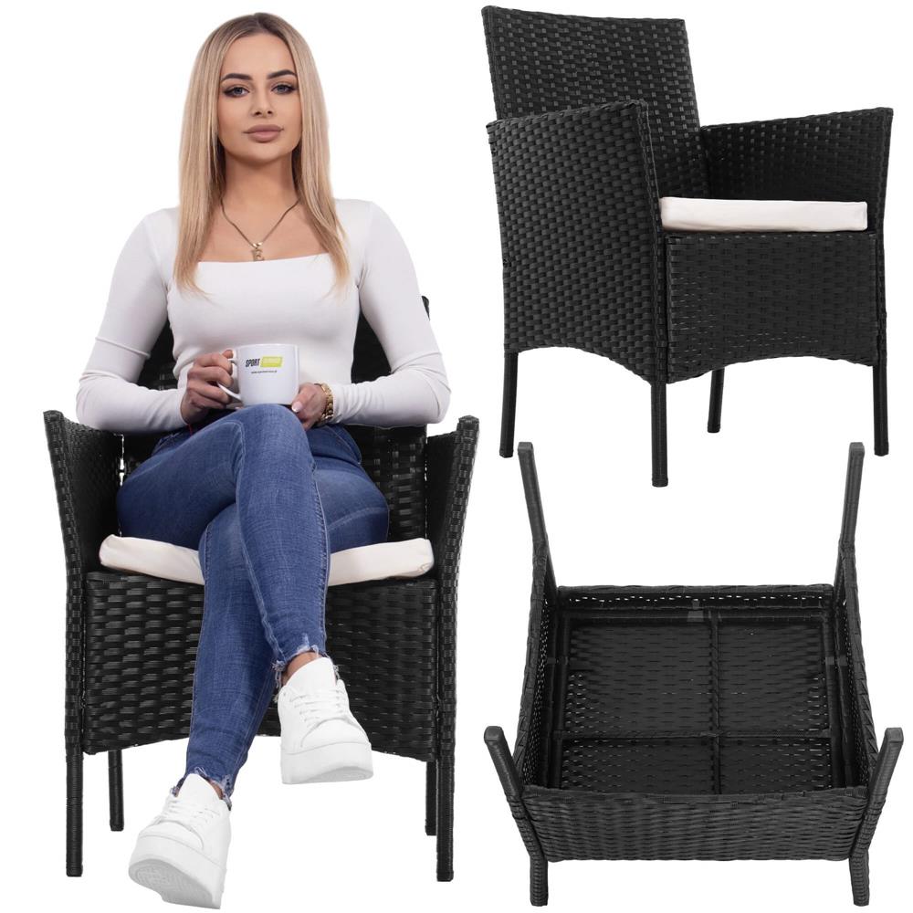 Set mobilier terasa, din tehnorattan, masa cu blat sticla securizata, 2 fotolii cu perne, negru