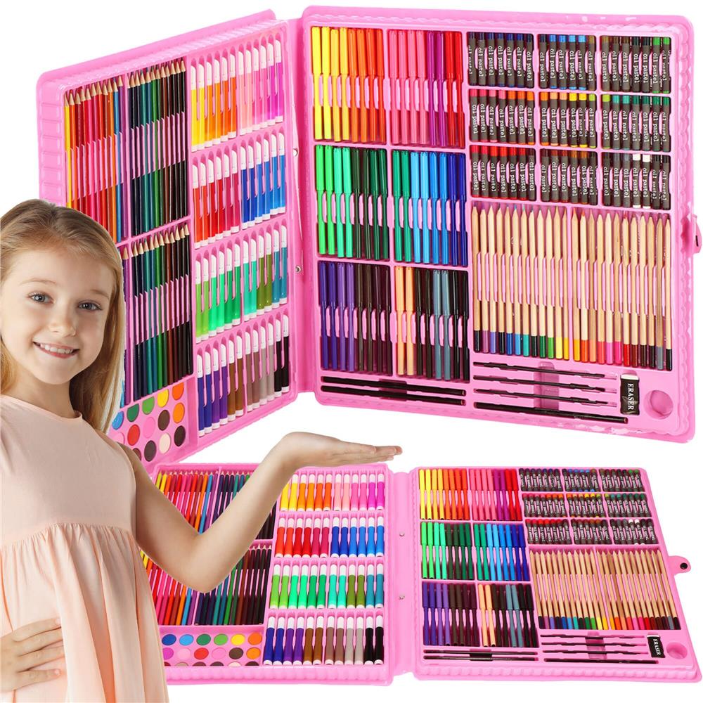 Set de pictura si desen pentru copii, 258 de piese, trusa plastic roz
