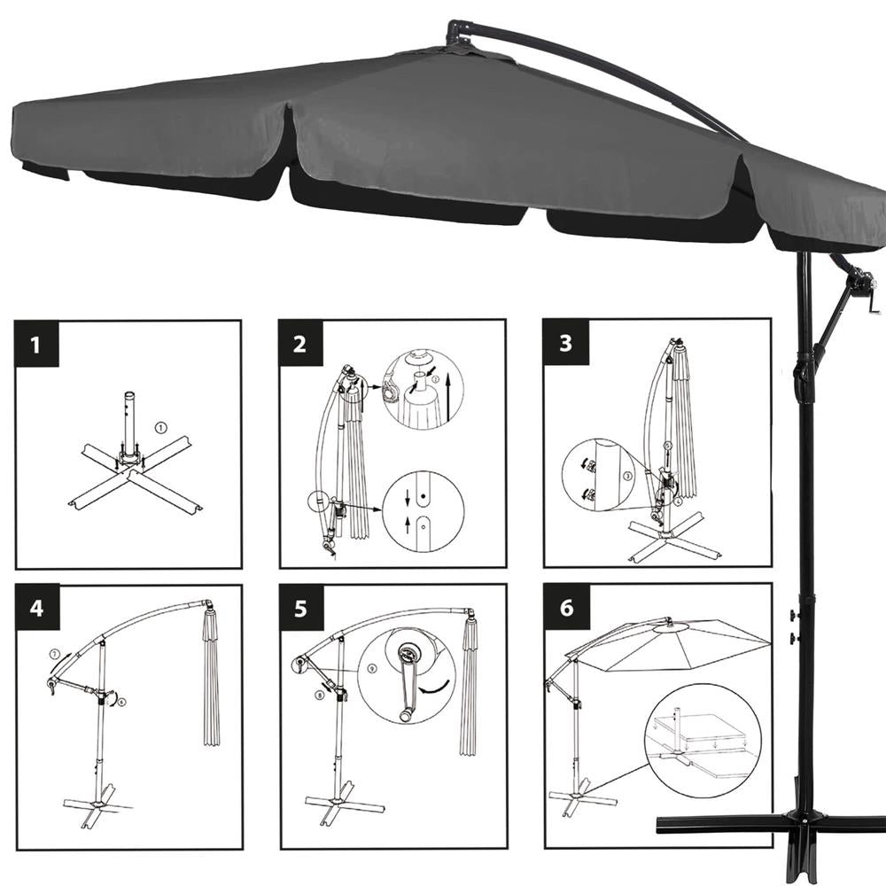 Umbrela de gradina cu brat lateral banana, cu husa, 300cm, gri