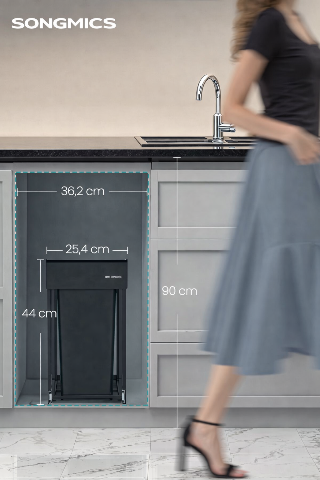 SONGMICS Cos de gunoi incorporabil in mobila, cu 2 compartimente 2x15L, cadru metalic extensibil, 48x25x44 cm, negru