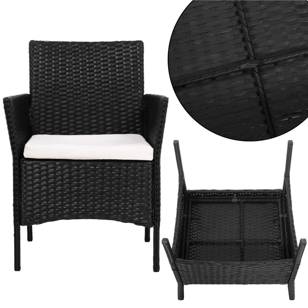 Set mobilier terasa, din tehnorattan, masa cu blat sticla securizata, 2 fotolii cu perne, negru