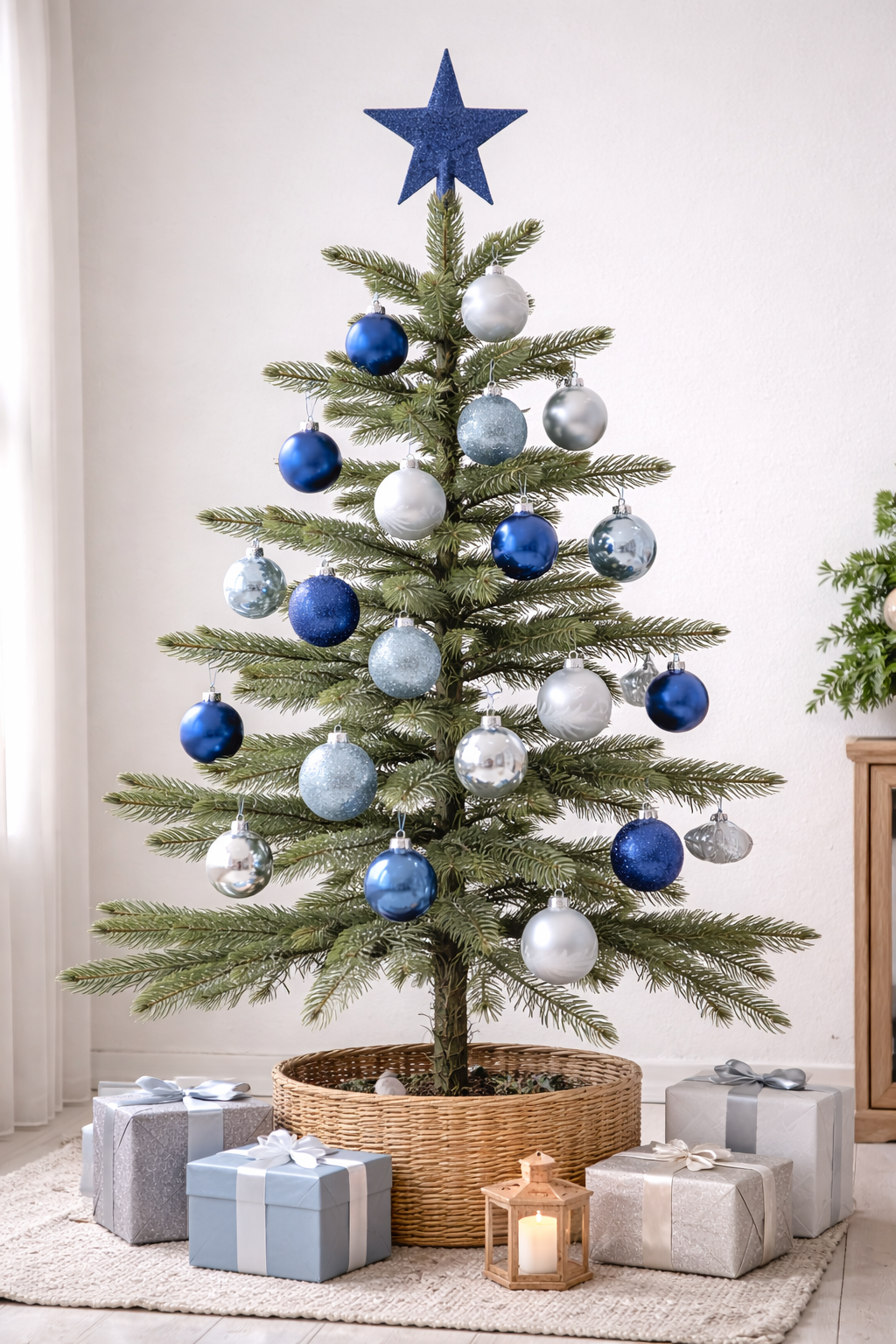 Set decoratiuni Craciun, 44 piese, cu globuri, ghirlanda si varf de brad, albastru si alb