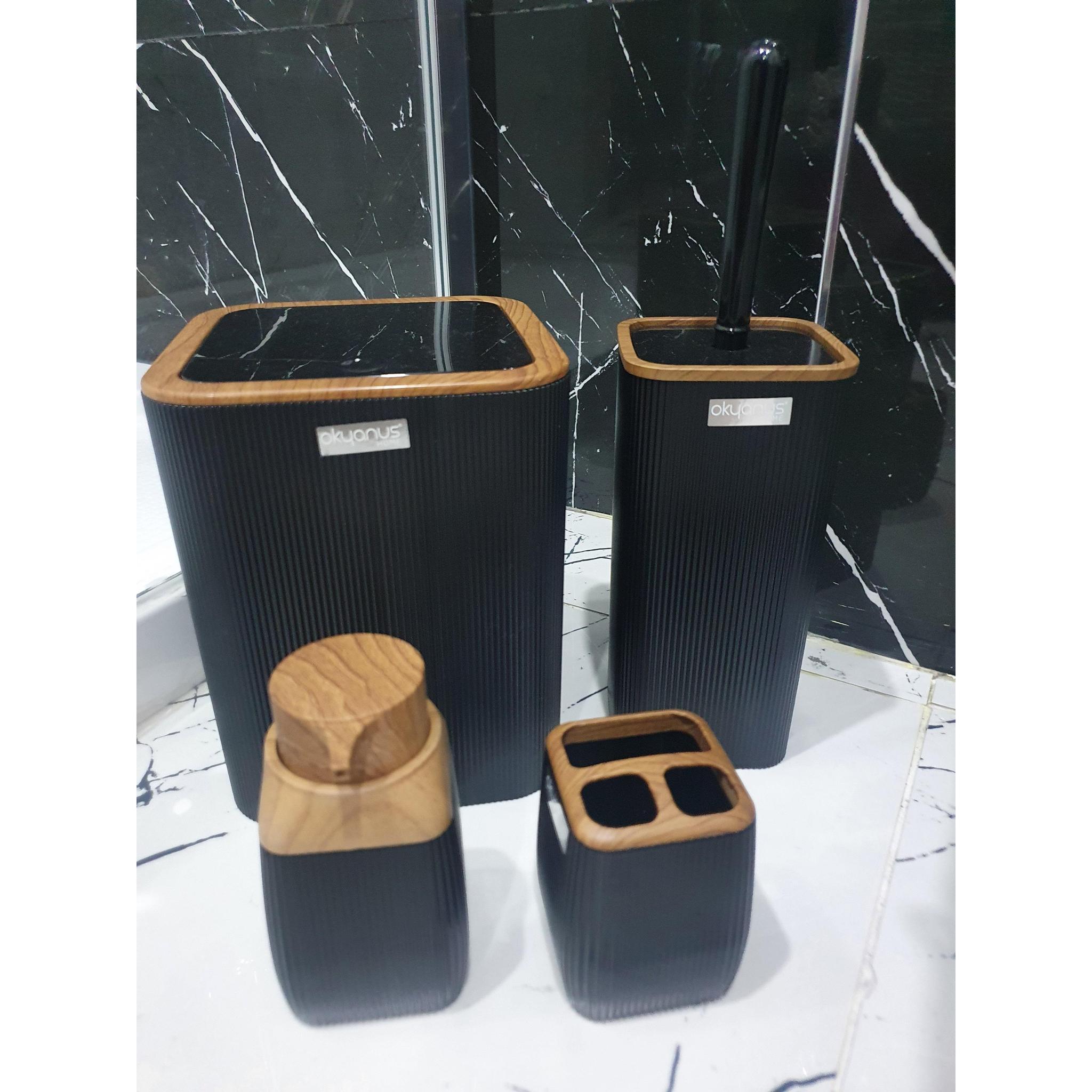 Set de accesorii patrate pentru baie din plastic, 5 piese, negru maro