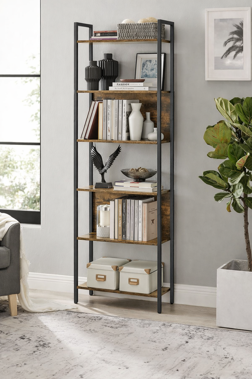 VASAGLE Biblioteca cu 6 rafturi, stil industrial, cadru metalic si PAL, 128x24x187 cm, maro rustic