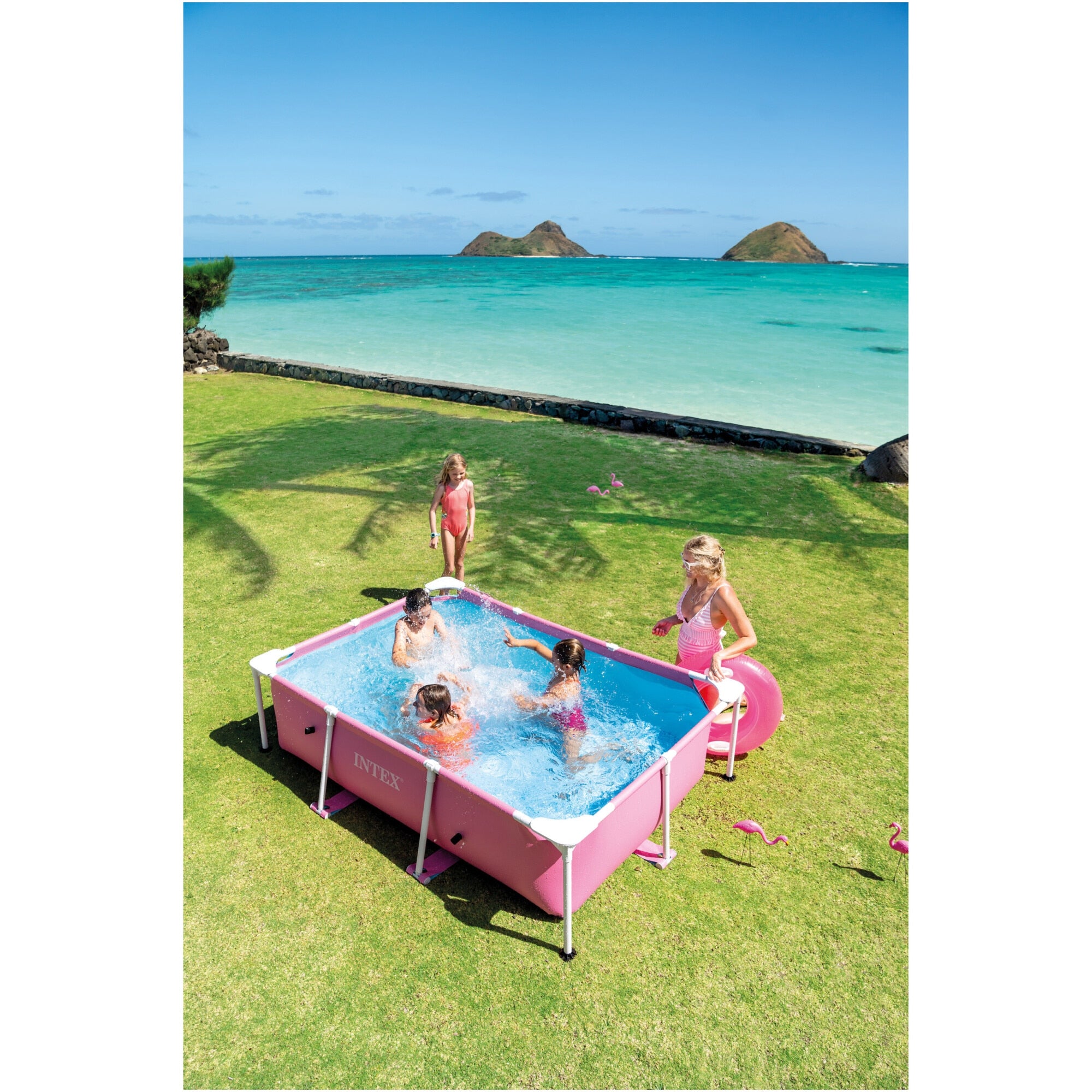 Piscina rectangulara cu cadru metalic Pink Metal Frame Intex 28266NP, 220x150x60 cm