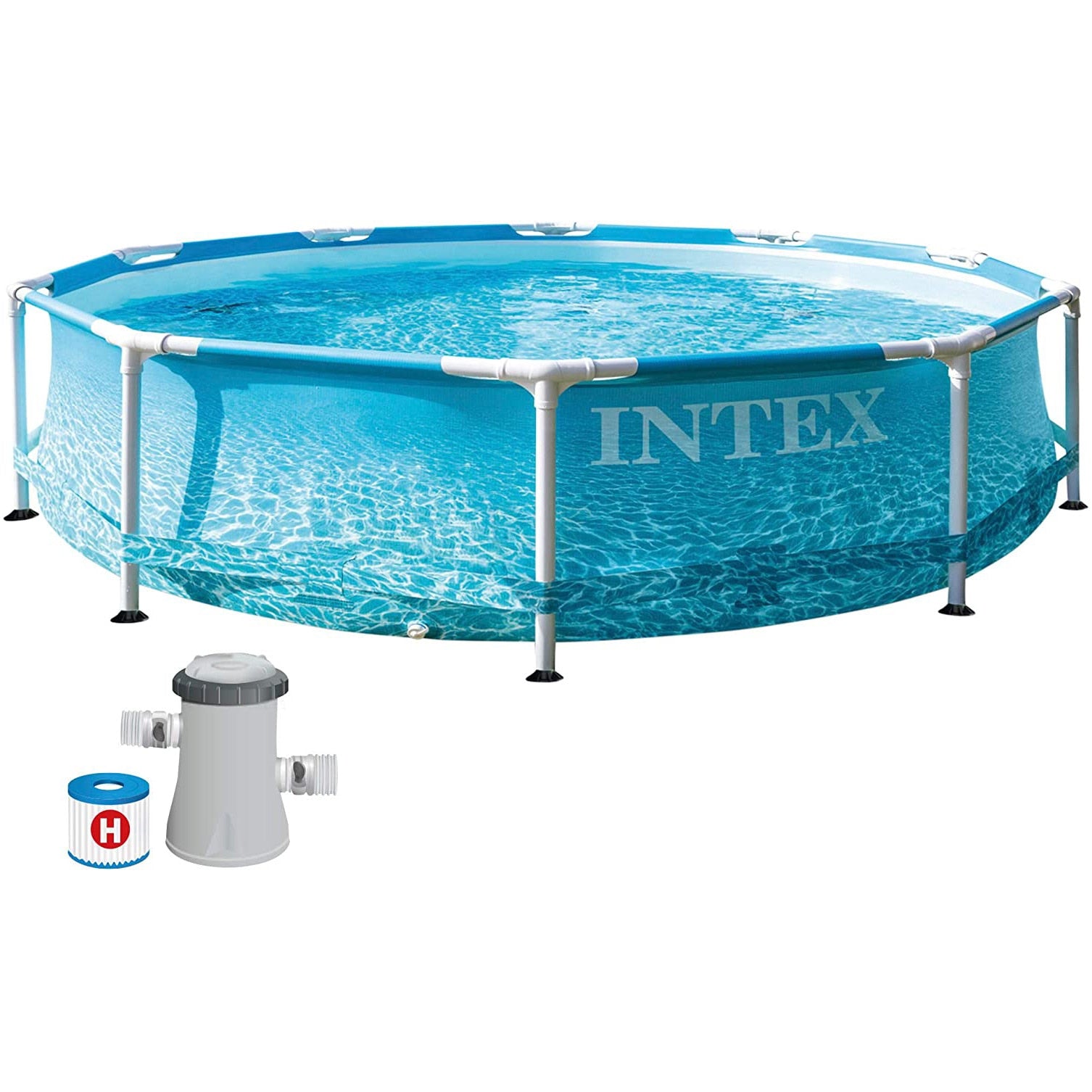 Piscina rotunda cu cadru metalic Beachside Metal Frame Intex 28208NP, 305x76 cm, cu pompa filtrare