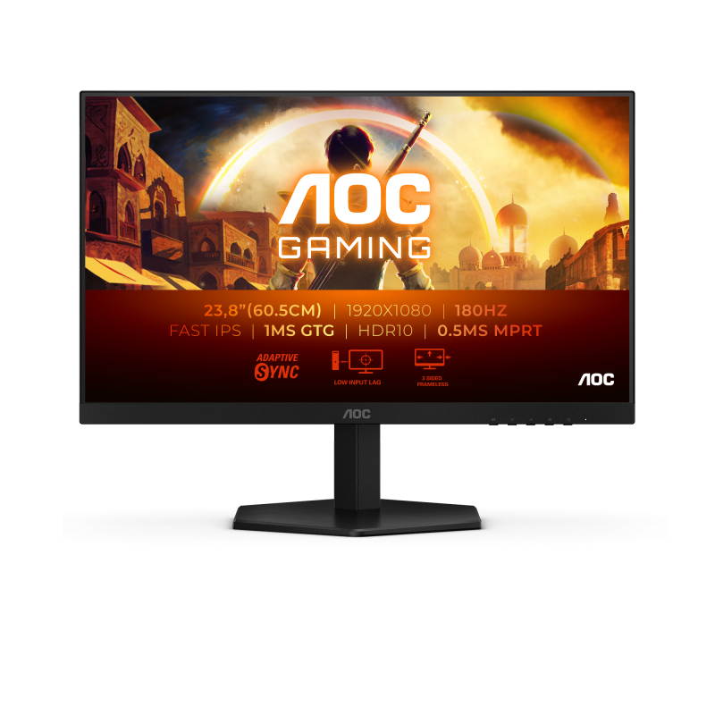 Monitor AOC 24" 24G42E, Diagonal (inch): 24, Diagonal (cm): 60.96, Aspect ratio: 16:9, Panel: IPS, Resolution: 1920x1080, Refresh Rate: 180Hz, Response time GtG: 1ms, Response time MPRT: 0.5ms, Brightness (max): 300 cd/m², Contrast (static) : 1000:1, Cont