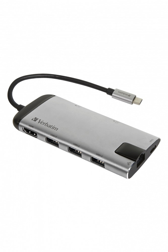 HUB extern VERBATIM, Gigabit LAN x 1, USB 3.0 x 3, HDMI x 1 (4K@30Hz), USB Type C x 1, SD x 1, microSD x 1, conectare USB Type C, cablu 15 cm, max. 3A, brushed metal "49142"