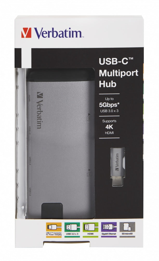 HUB extern VERBATIM, Gigabit LAN x 1, USB 3.0 x 3, HDMI x 1 (4K@30Hz), USB Type C x 1, SD x 1, microSD x 1, conectare USB Type C, cablu 15 cm, max. 3A, brushed metal "49142"