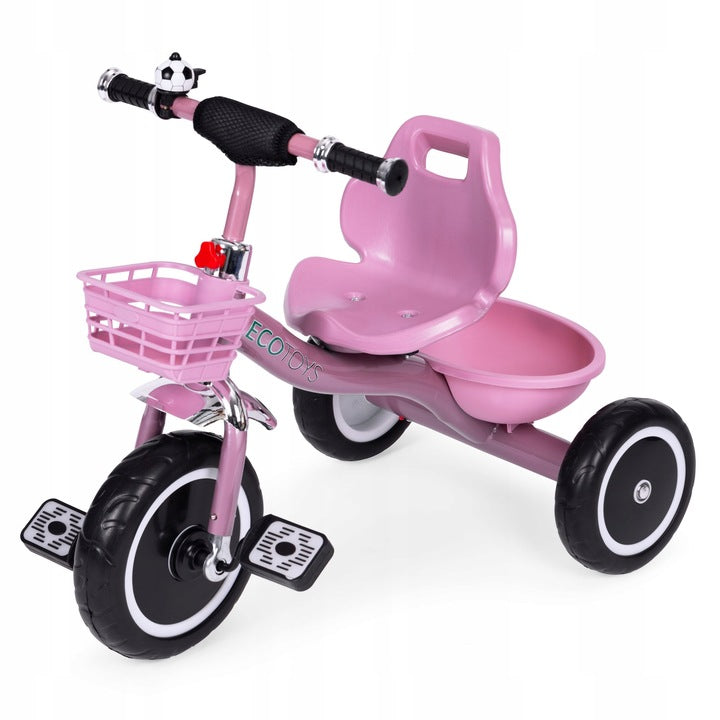 Tricicleta pentru copii 47 cm latime axa spate, cu cosuri si claxon, cadru otel, roti EVA, roz