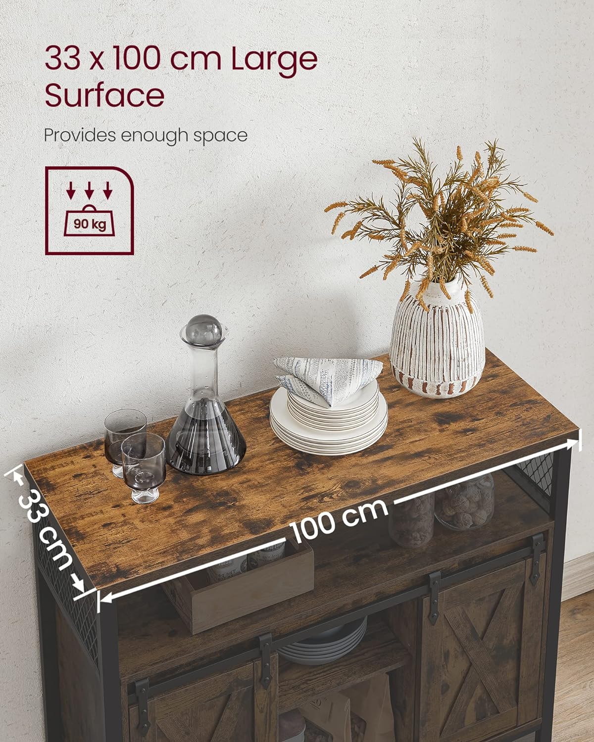 Comoda pentru living sau bucatarie, cu 2 usi glisante, rafturi reglabile, stil rustic, 33x100x80cm, maro si negru