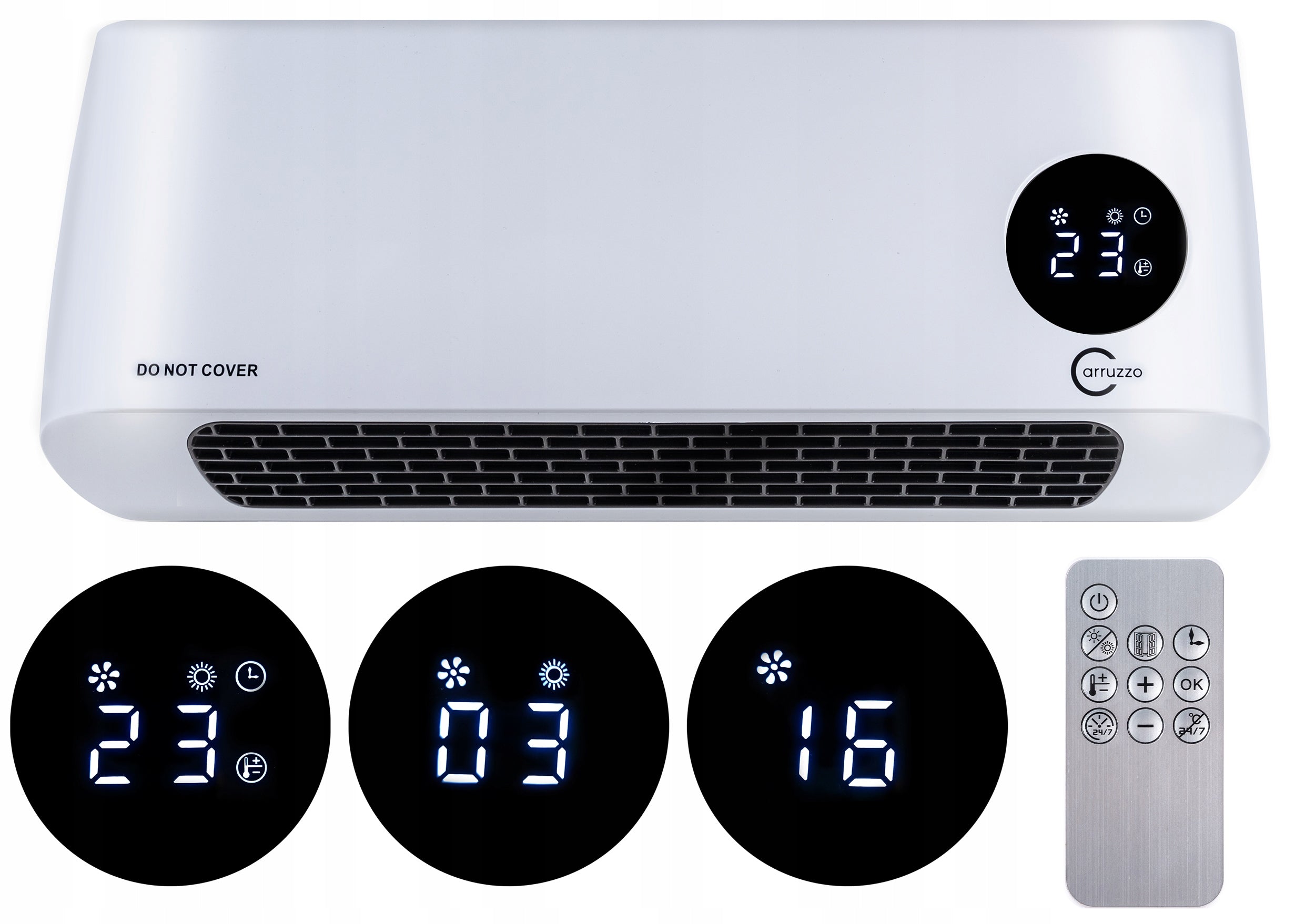 Aeroterma de perete, 2000W, telecomanda, timer, display LED, reglare flux, alb