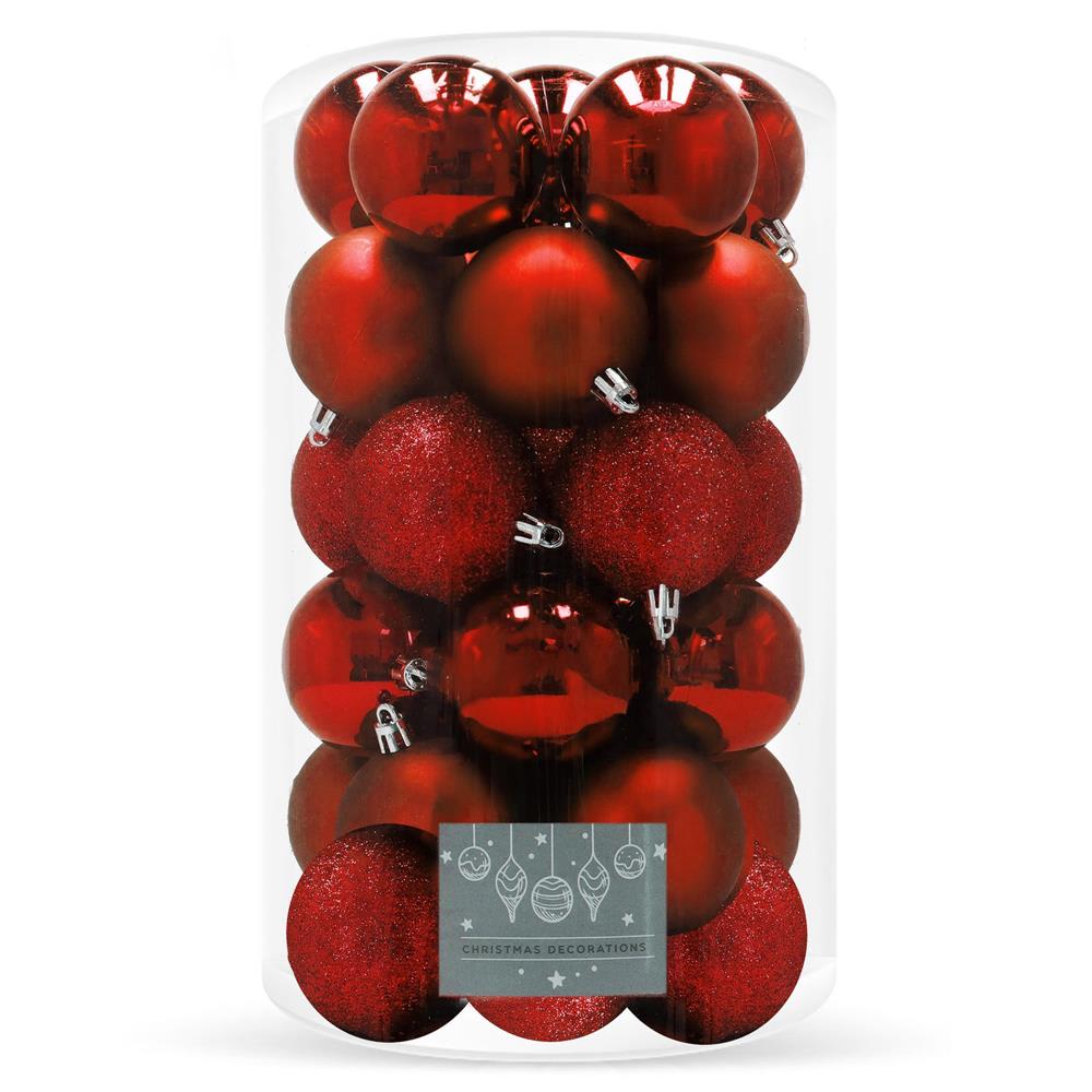 Set globuri de Craciun, 30 bucati, 3 modele, 6cm, rosu