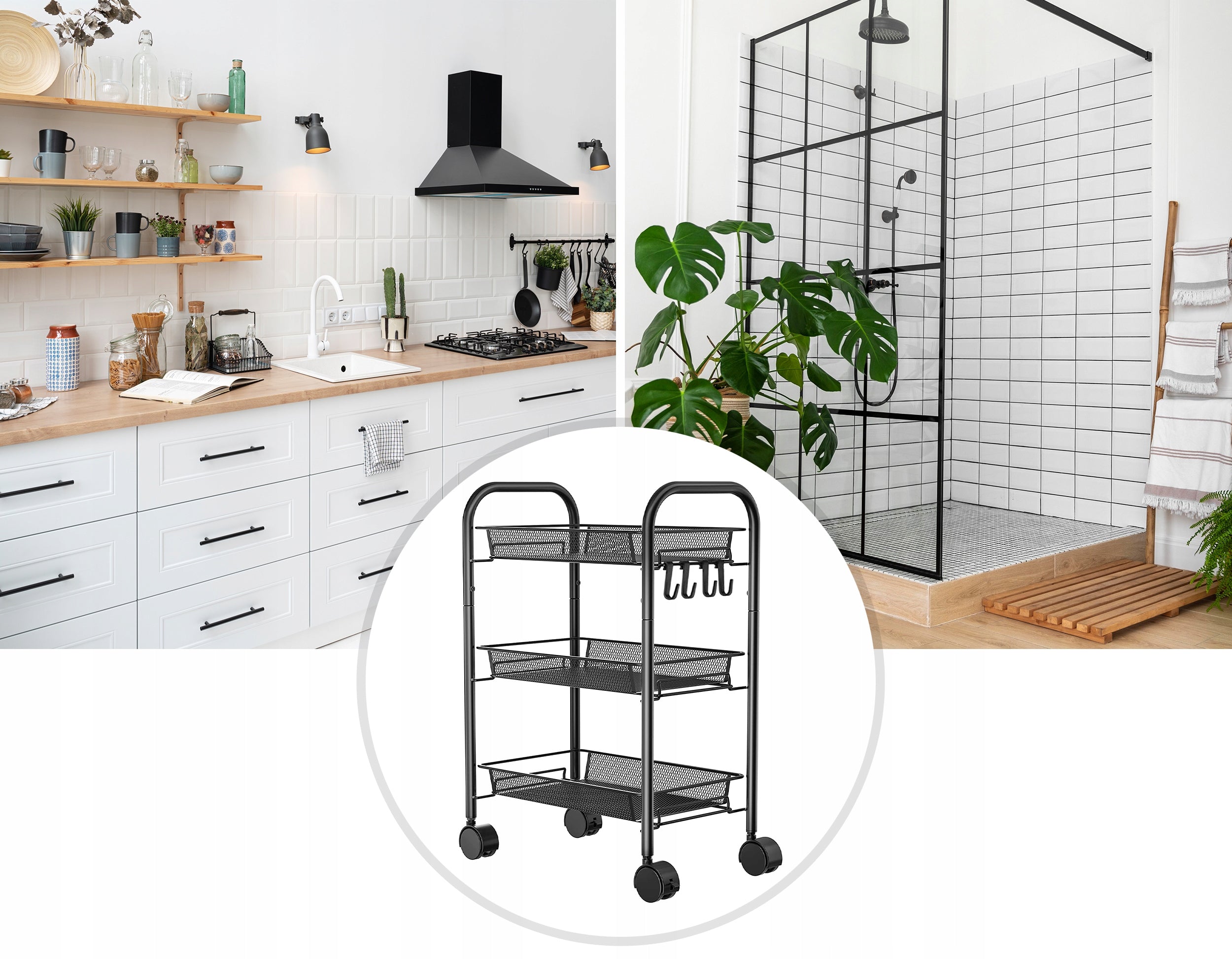 Raft metalic mobil tip carucior pentru bucatarie, 3 polite si 4 agatatori, negru, 44x26x64cm