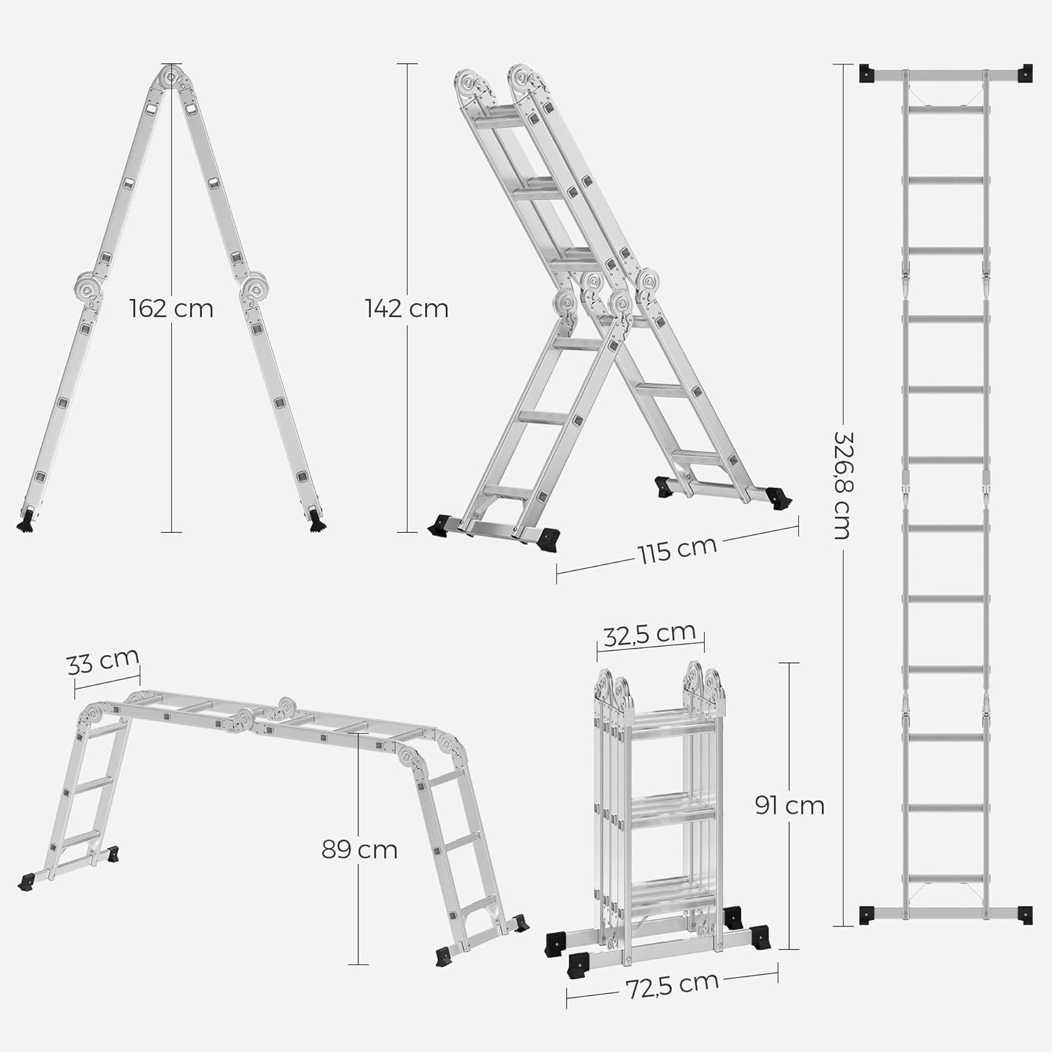 SONGMICS Scara multifunctionala din aluminiu, cu 2 placi tip platforma, 12 trepte, sarcina 150 kg, gri