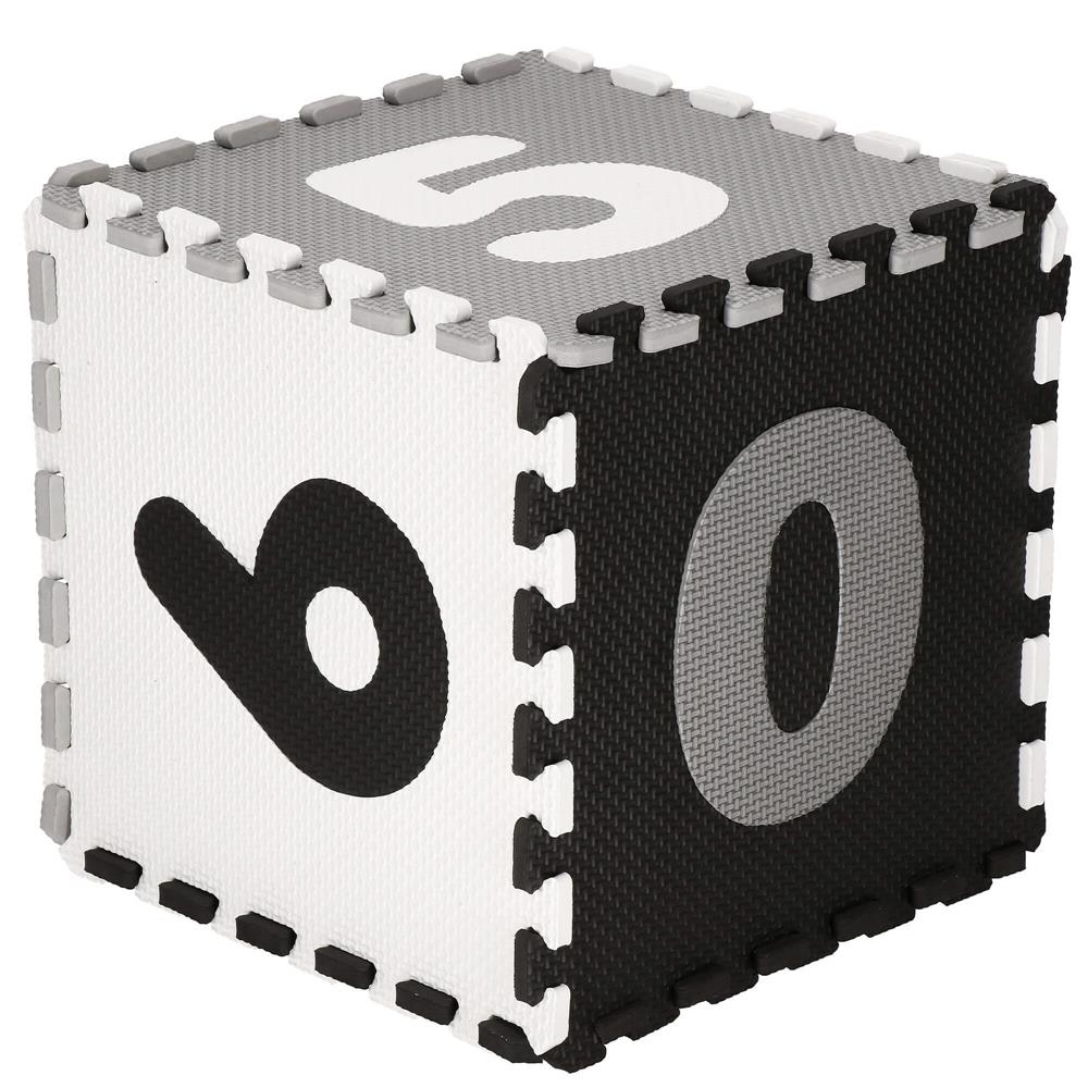 Covor din spuma pentru copii, tip puzzle alfabet si numere, 110 piese, termoizolant, 175x175 cm, negru, gri