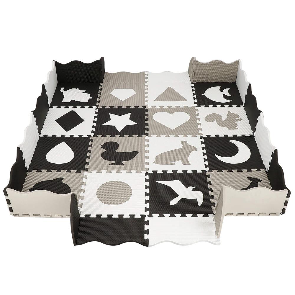 Covor din spuma pentru copii, tip puzzle animale, 52 piese, termoizolant, 150x150 cm, gri negru