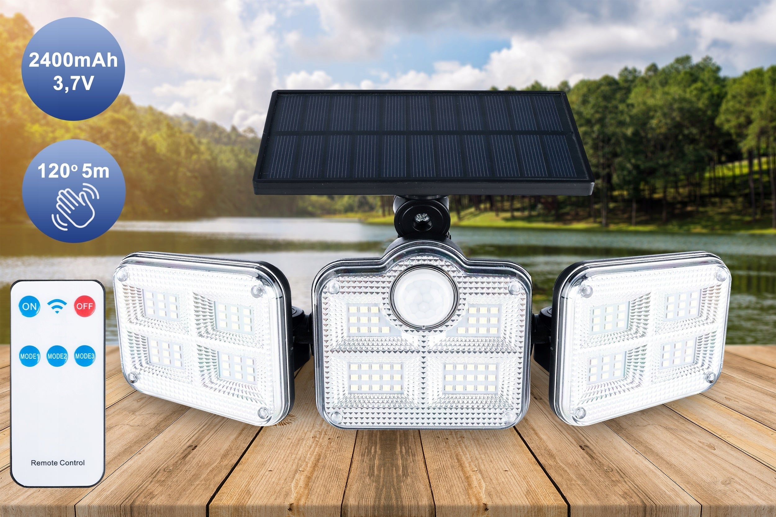 Proiector LED solar modular cu 3 lampi, senzor de miscare, 122LED-uri, cu telecomanda