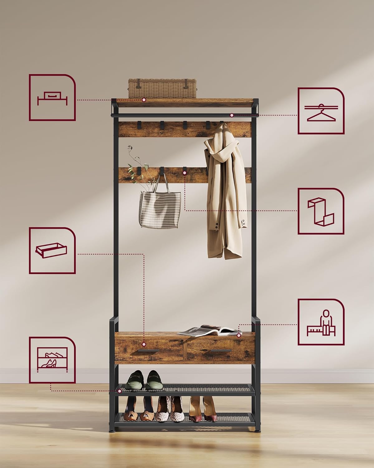 VASAGLE Cuier cu polite de depozitare pantofi si 2 sertare, cadru din otel, stil industrial, 30x80x182cm, maro rustic