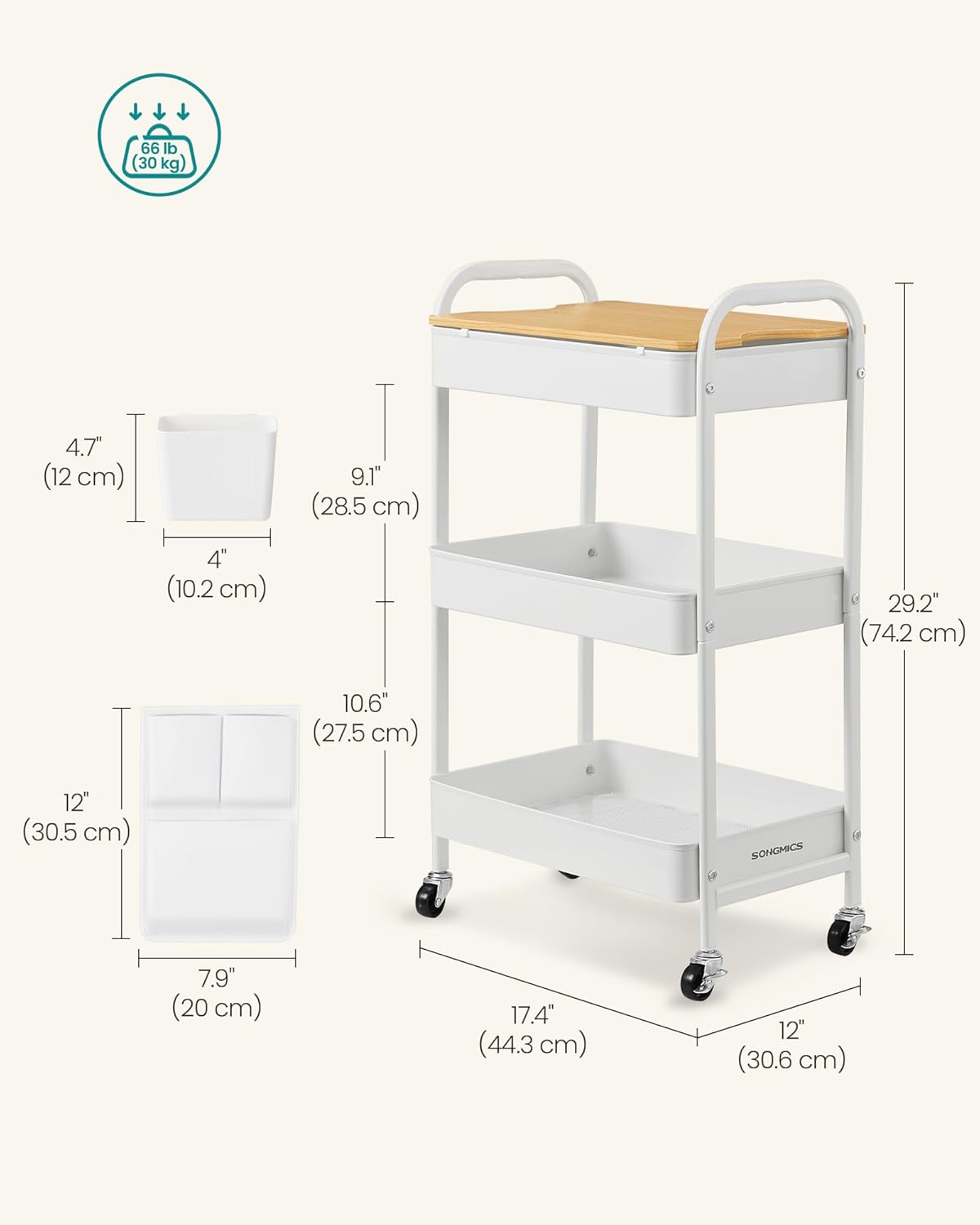 SONGMICS Raft de depozitare mobil tip carucior rulant, pentru baie sau bucatarie, cadru otel cu blat MDF, 31x44x74 cm, alb
