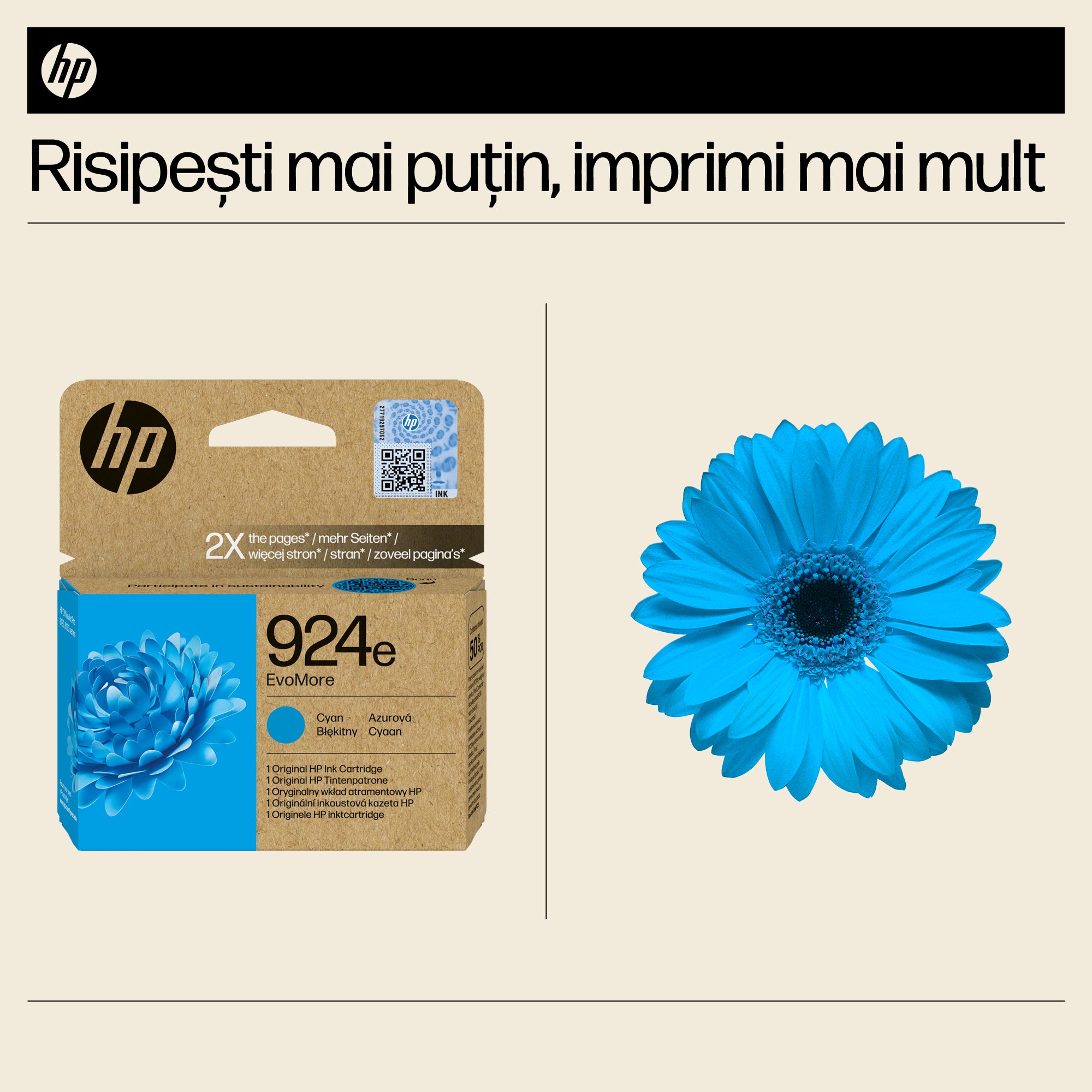 Cartus Cerneala Original HP Cyan, nr.924E, pentru OJ Pro 8122e|8132e, 0.8K, incl.TV 1.2 RON, "4K0U7NE"