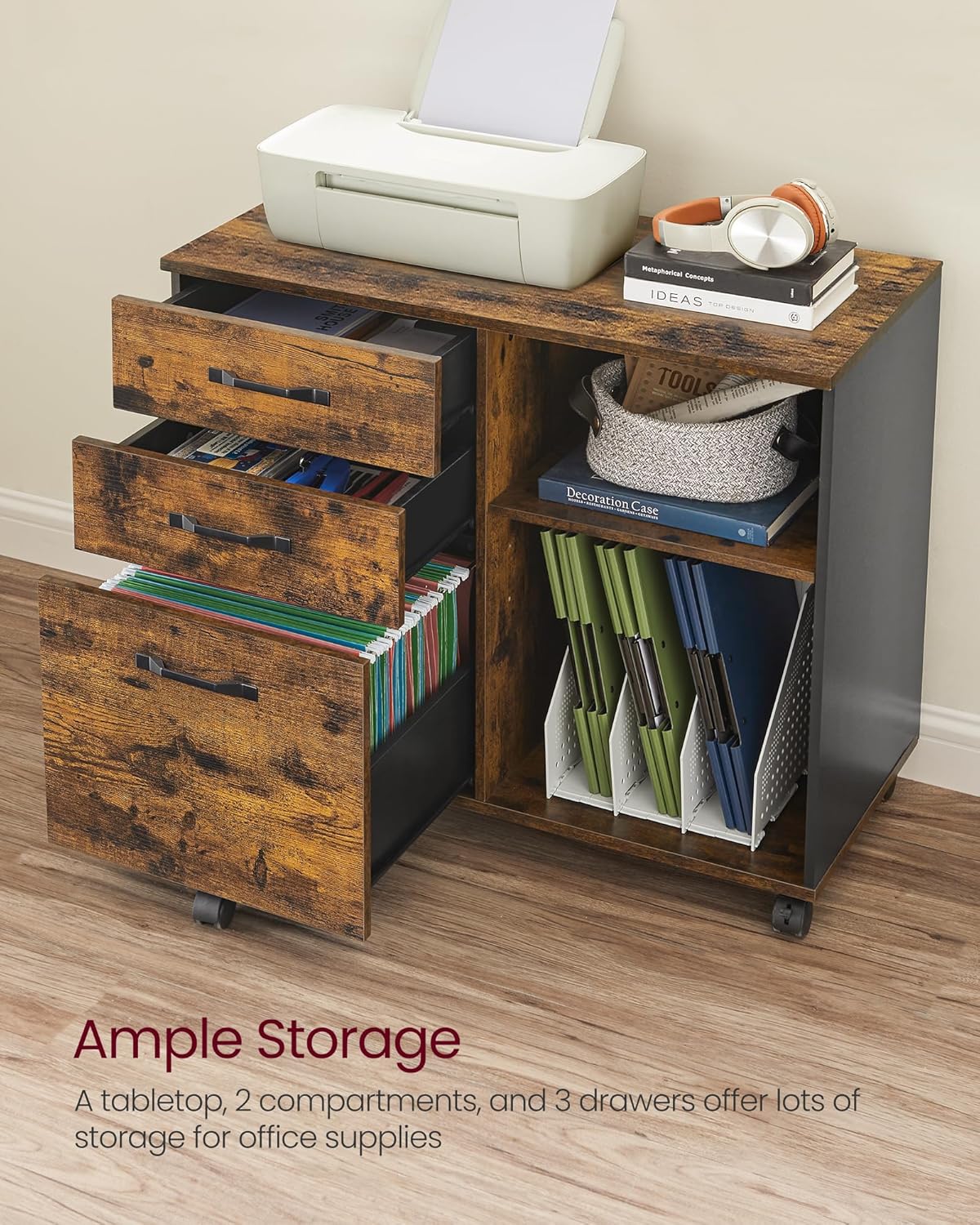 VASAGLE Dulap mobil tip rollbox pentru birouri, sertar cu sina suport dosare, stil industrial, 40x80x66 cm, maro rustic