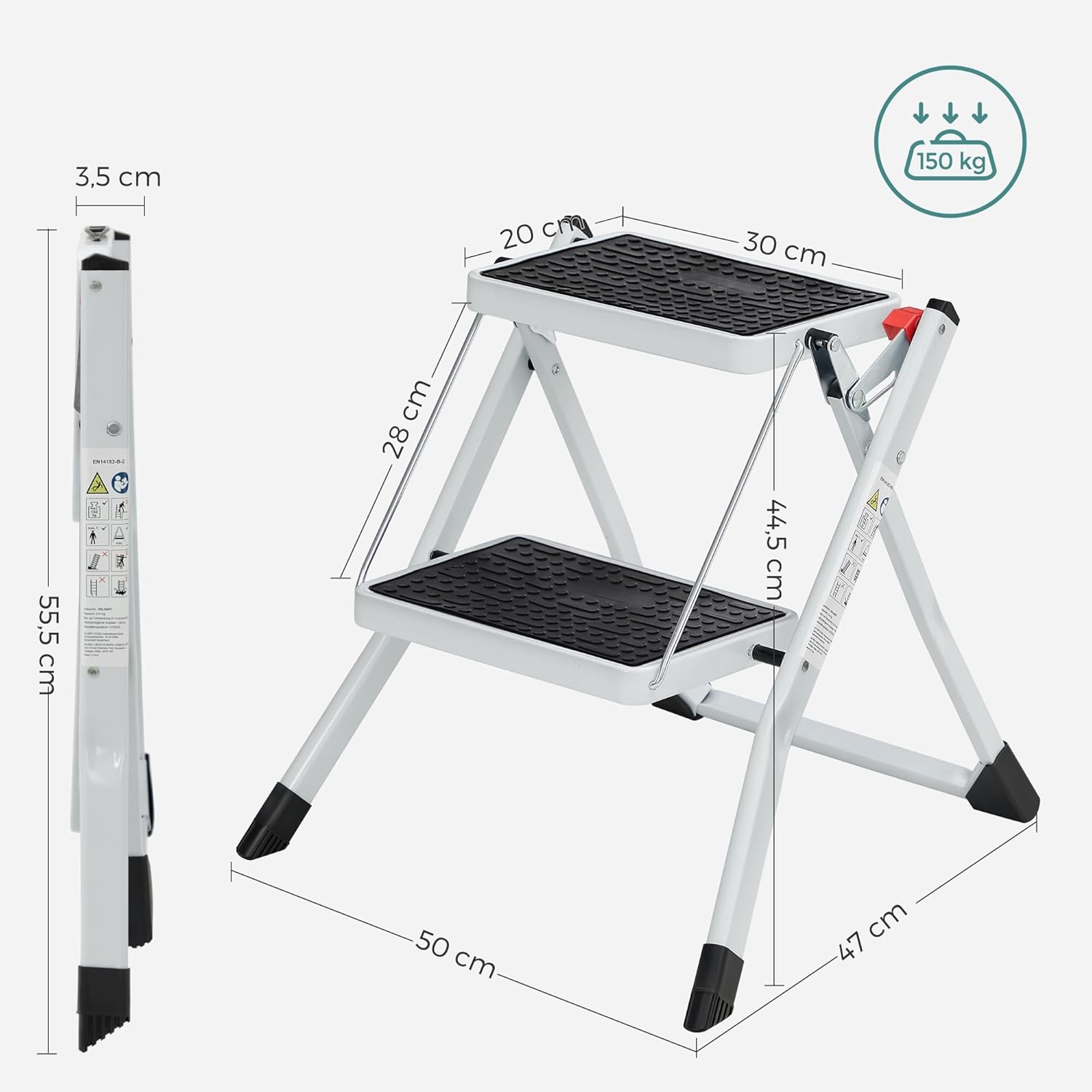 SONGMICS Scara pliabila cu 2 trepte, sarcina 150 kg, otel, 50x60x44 cm, alb si negru