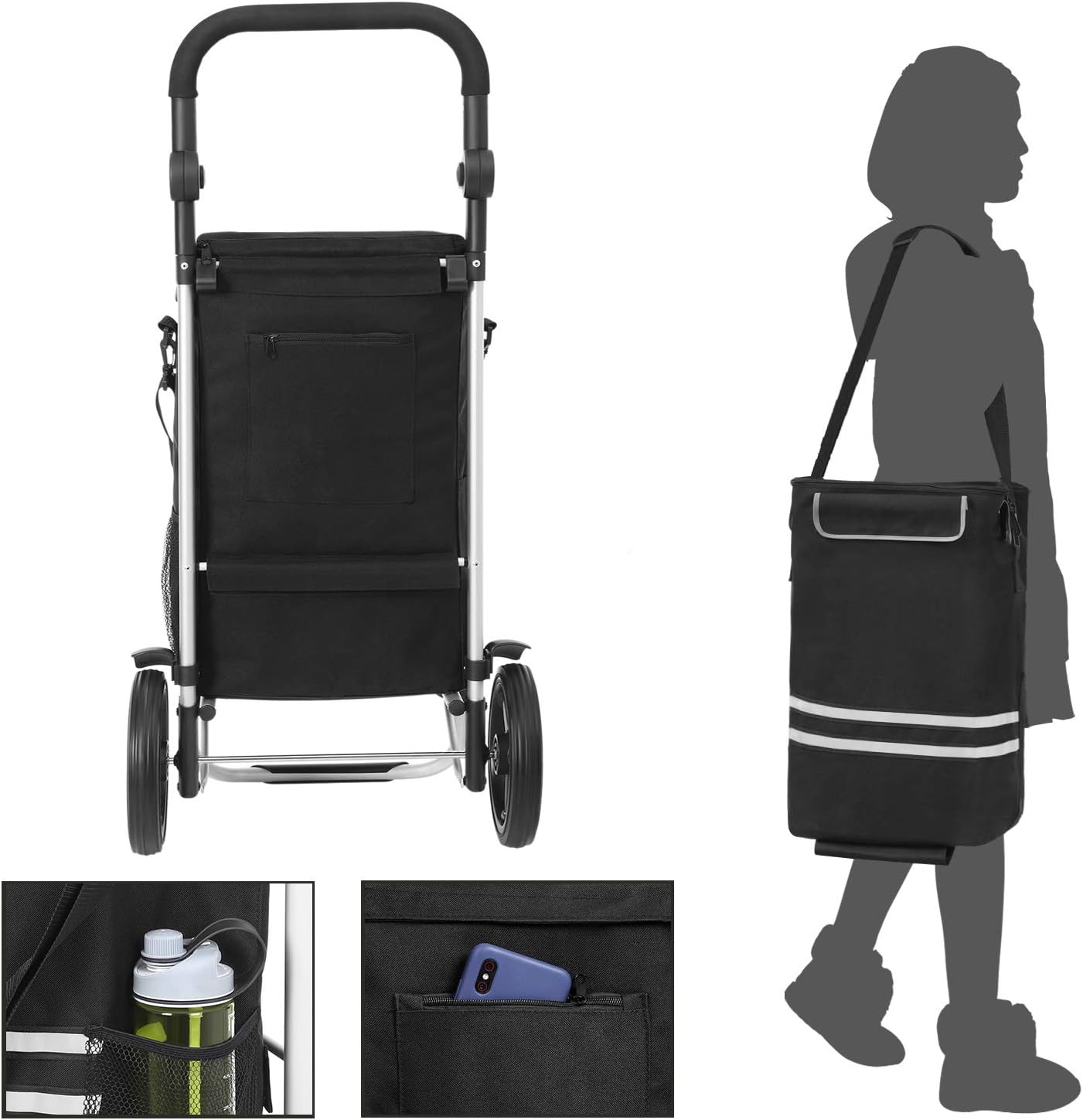 SONGMICS Carucior de cumparaturi piata, pliabil, compartiment frigorific, multifunctional, 44x35x100 cm, negru