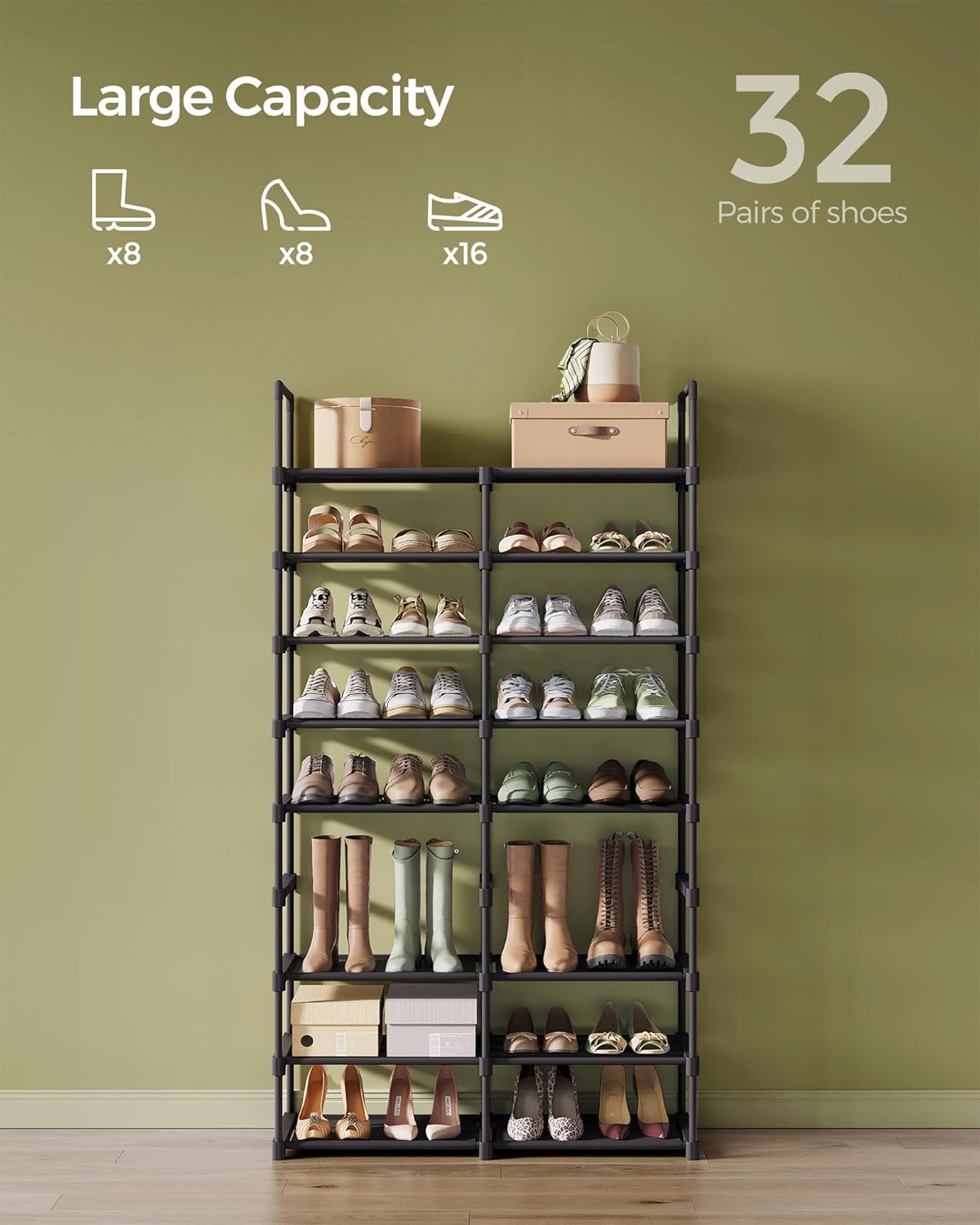 SONGMICS Raft pentru pantofi metalic, personalizabil, pana la 32 perechi, 30x87x158 cm, negru