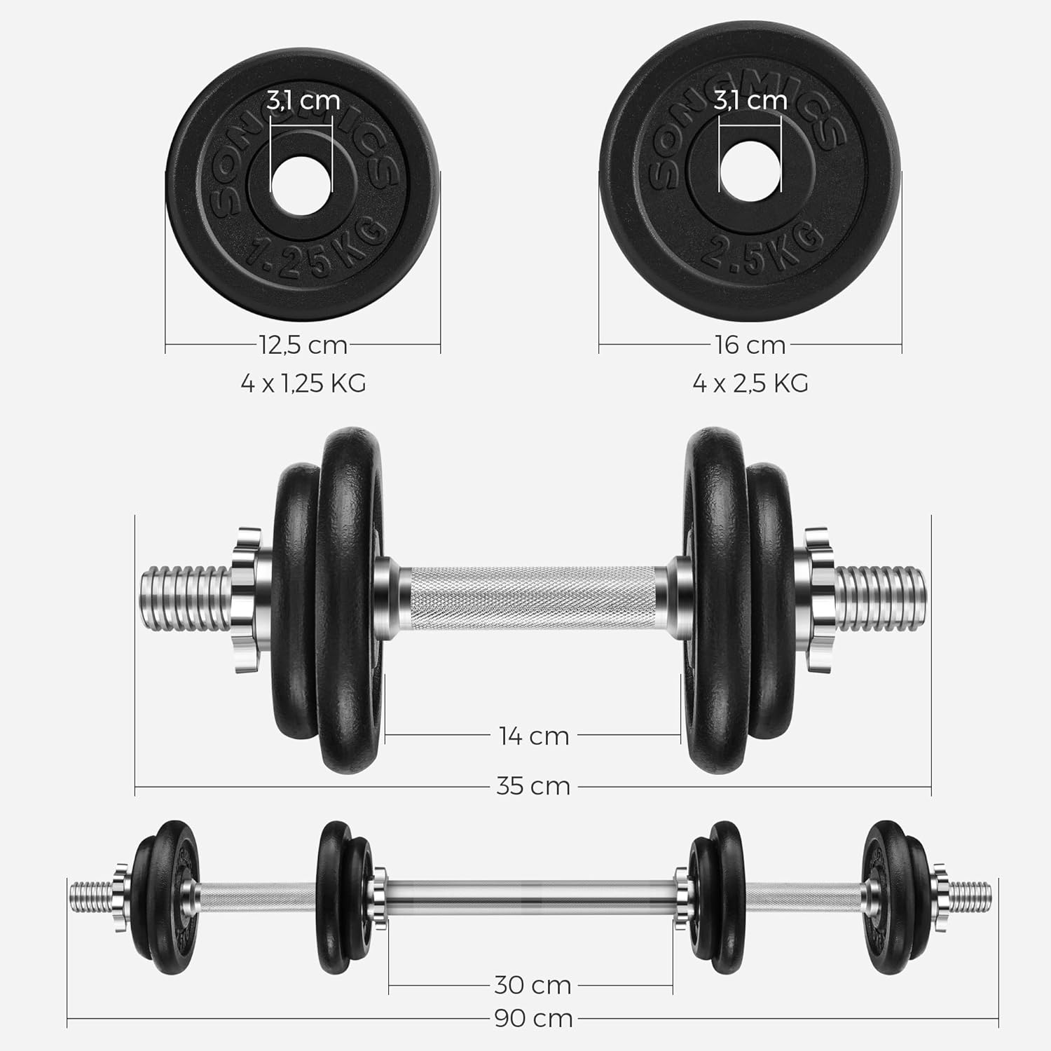 SONGMICS Set gantere si haltera reglabile, integral din otel, 20kg