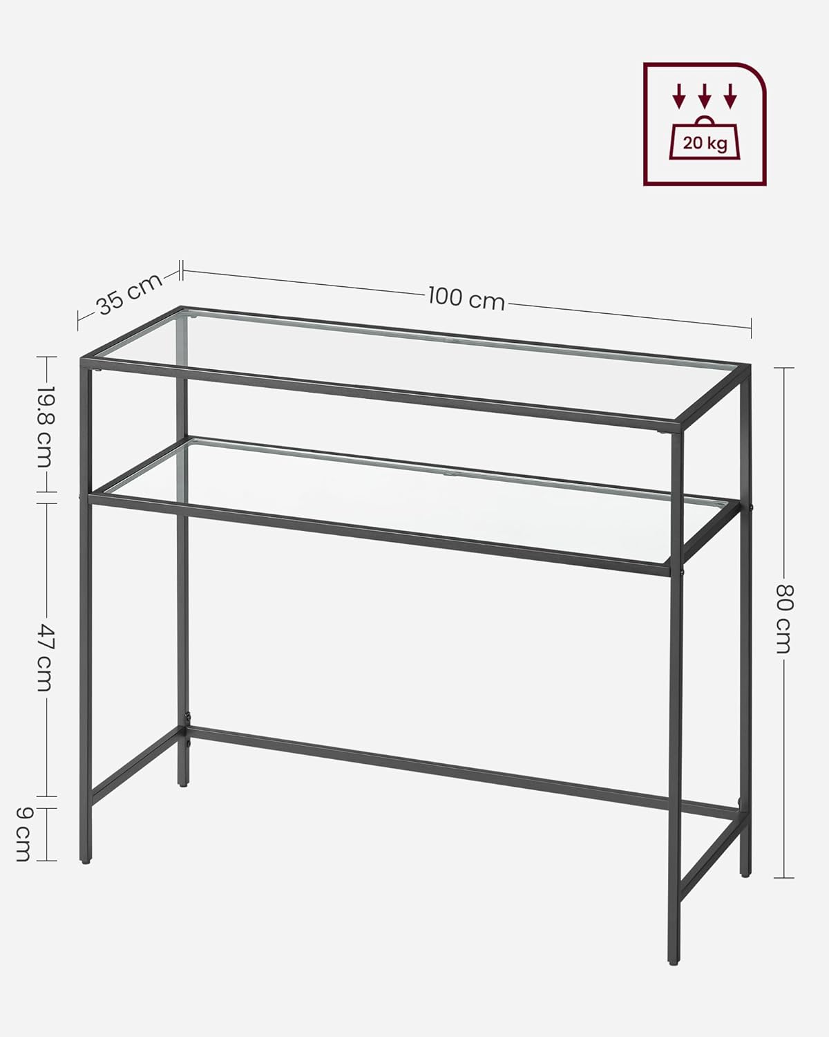 Masa de intrare, pe 2 nivele, blat din sticla securizata, cadru metalic, 35x100x80cm, negru