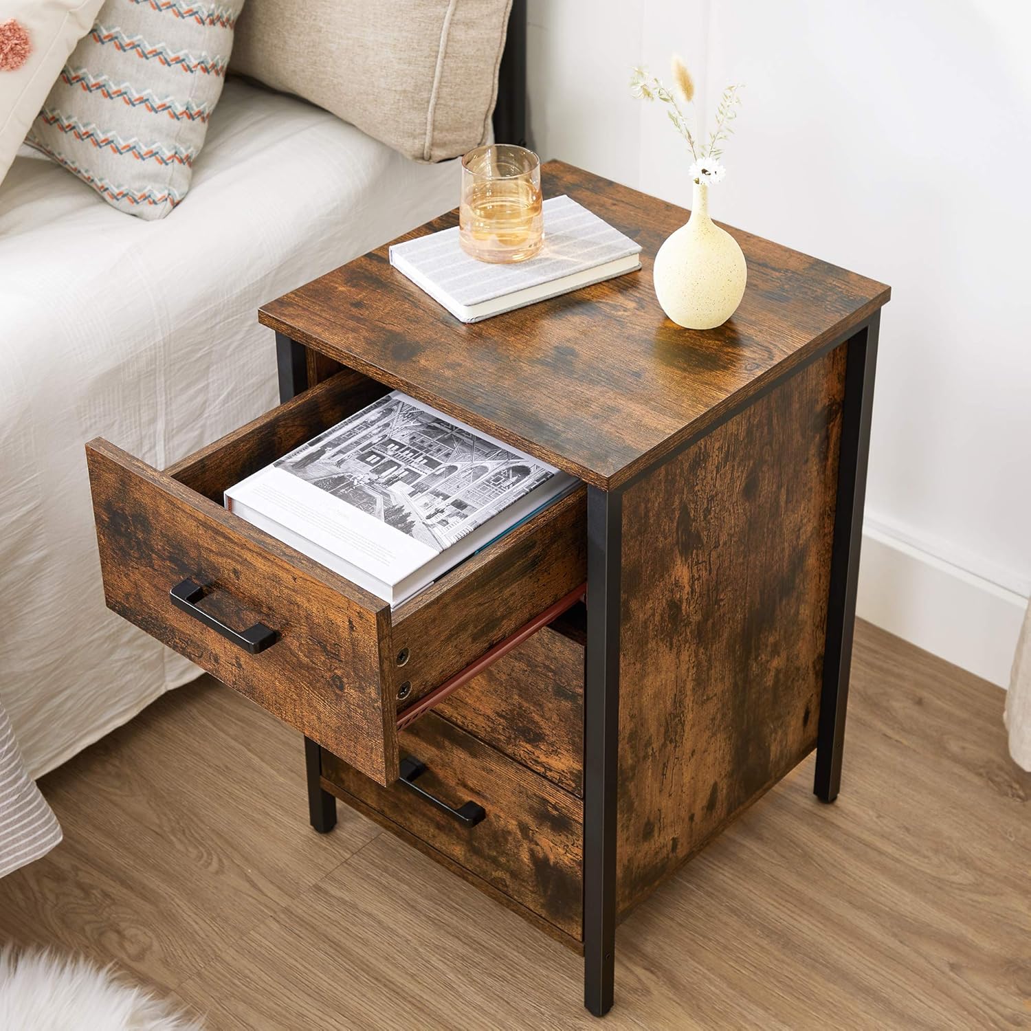 VASAGLE Noptiera cu 3 sertare pentru dormitor, design industrial, 40x40x60cm, maro rustic