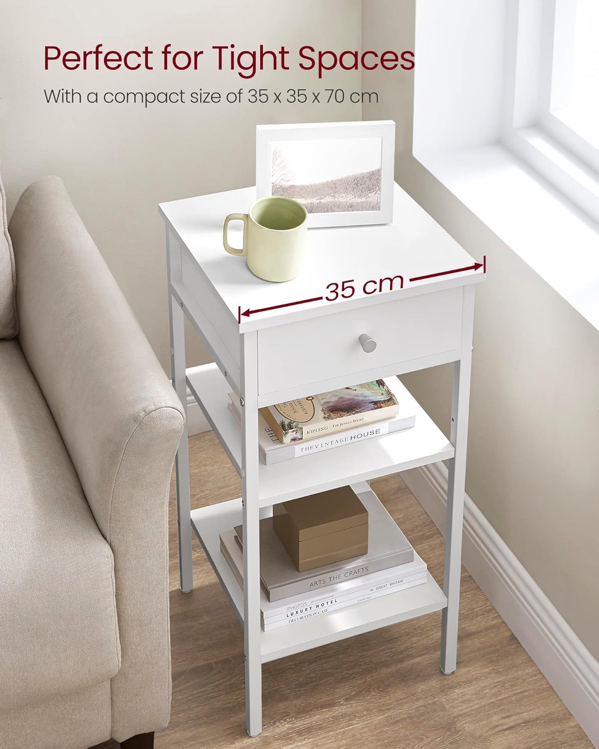 VASAGLE Noptiera cu sertar pentru dormitor, design scandinav, 35x35x70cm, alb