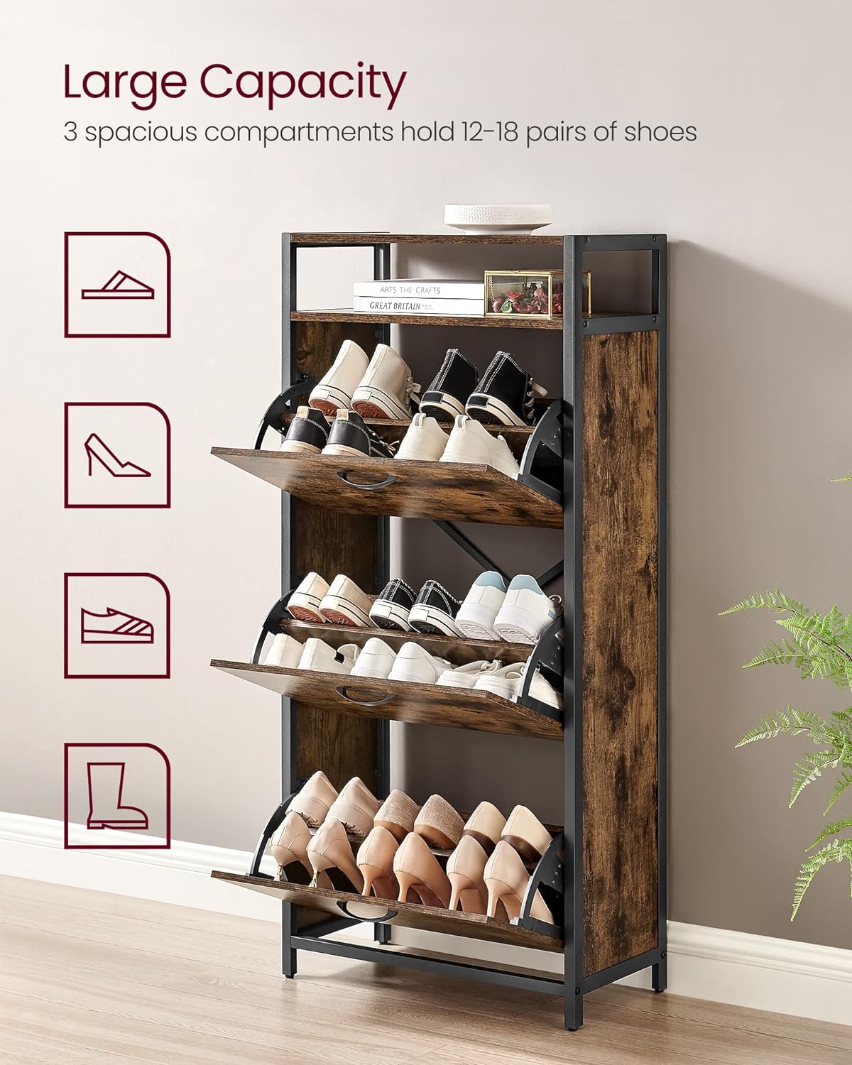 VASAGLE Dulap pentru pantofi cu 3 usi rabatabile, despartitoare interioare, pentru 15-18 perechi, 60x30x130cm, maro rusic si negru