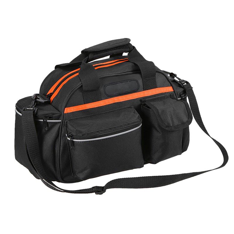 Geanta portbagaj bicicleta, 3 compartimente si 5 buzunare laterale, 45x20x22cm, negru cu elemente reflectorizante portocalii