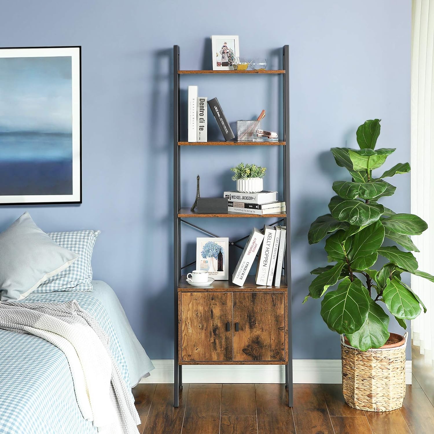 Biblioteca tip scara, cu dulap si 4 rafturi din MDF, stil industrial, 34x56x172cm, maro rustic si negru