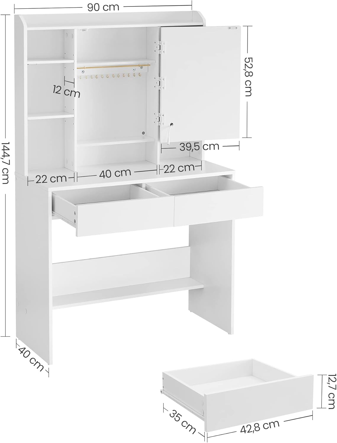 VASAGLE Masa de toaleta cu oglinda, iluminare LED reglabila, 2 sertare, 90x40x145cm, alb