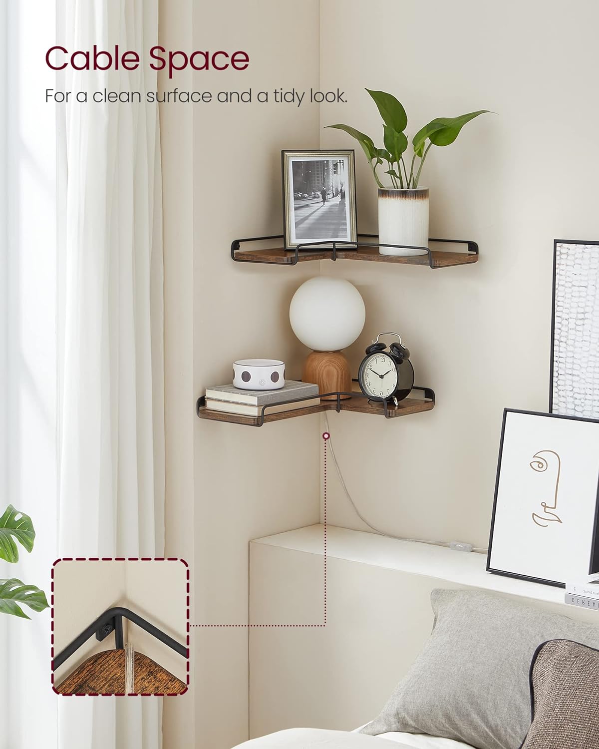 Set de 2 rafturi plutitoare de colt in forma de L, stil industrial, 40x29x14cm, maro rustic și negru