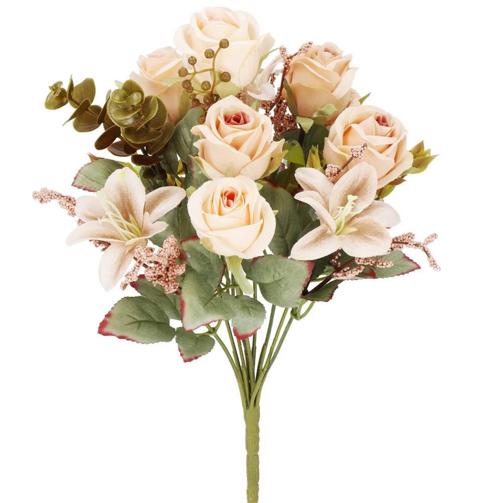 Buchet de flori artificiale din poliester, 10 fire trandafiri si crini, 37cm, crem